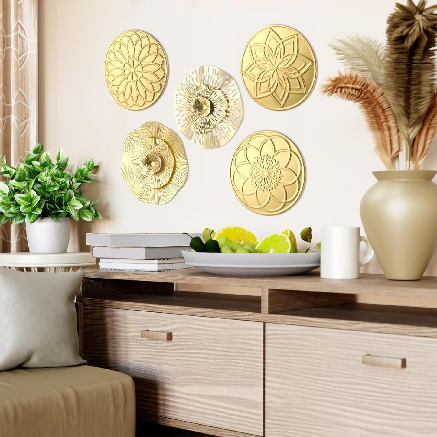 Stunning 5-Piece 12-Inch Gold Metal Flower Wall Art Set - Modern Home Decor for Living Room and Office