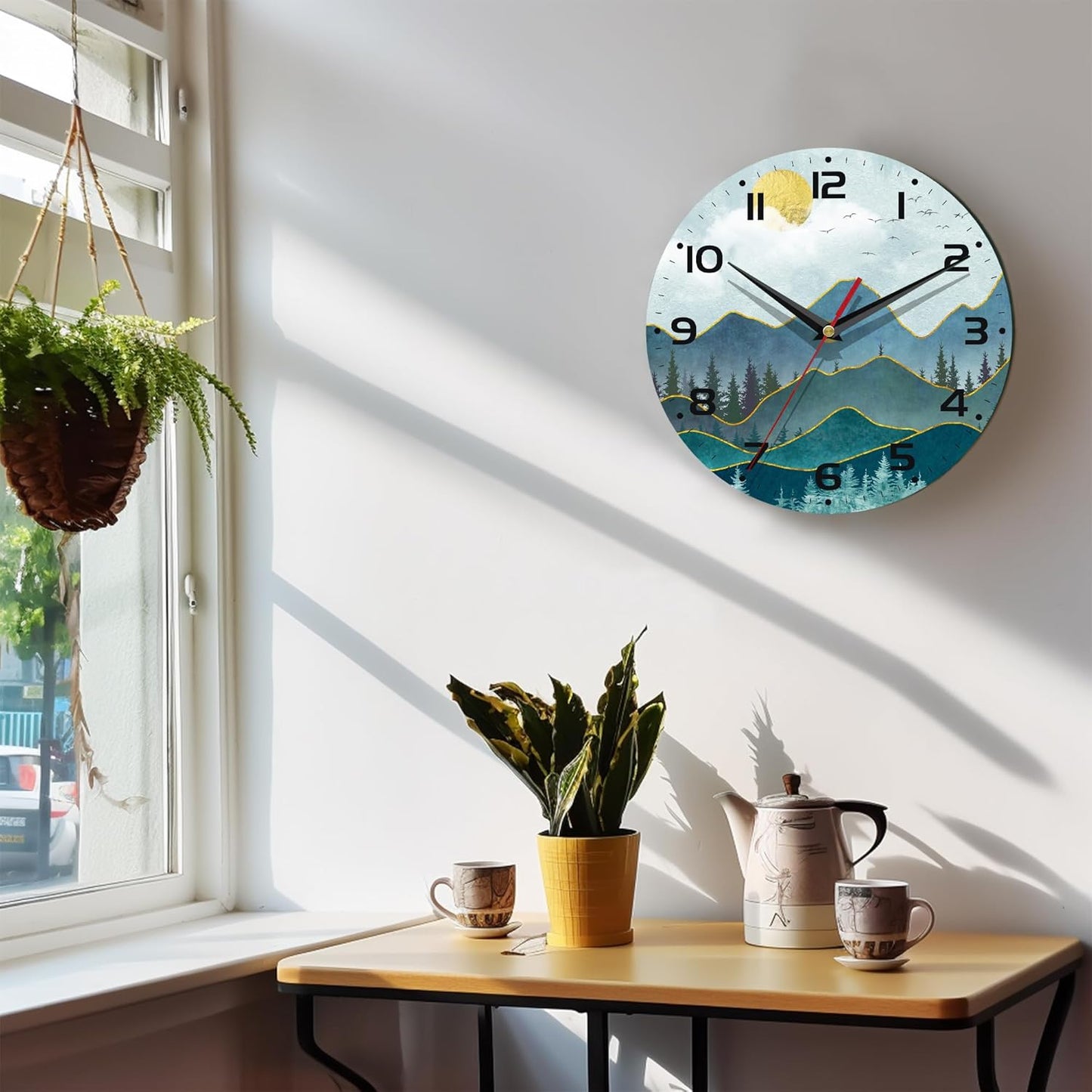Stylish 10-Inch Silent Wall Clock - Non-Ticking Battery Operated Home Decor for Any Room (Abstract Mountain Sun Design)