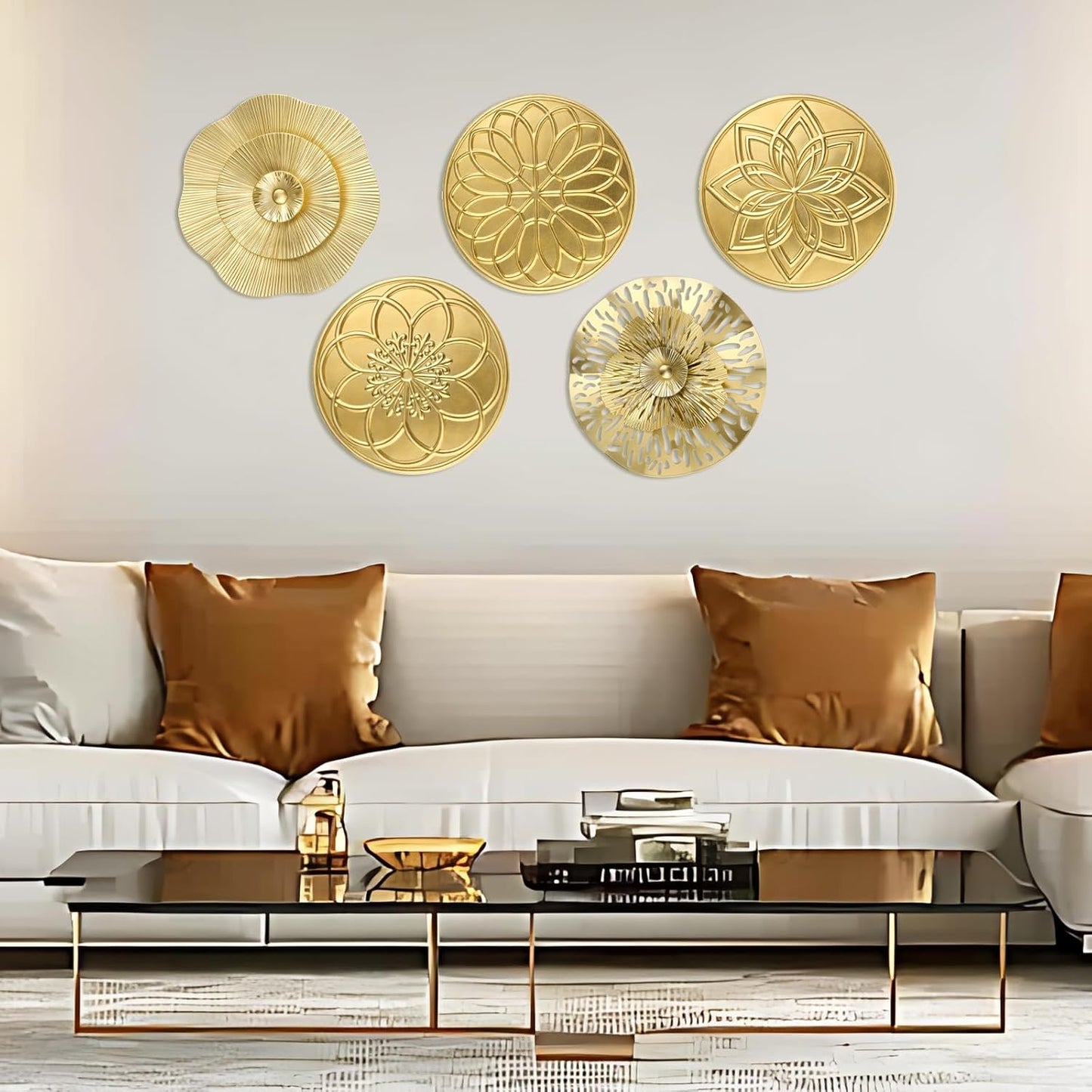 Stunning 5-Piece 12-Inch Gold Metal Flower Wall Art Set - Modern Home Decor for Living Room and Office
