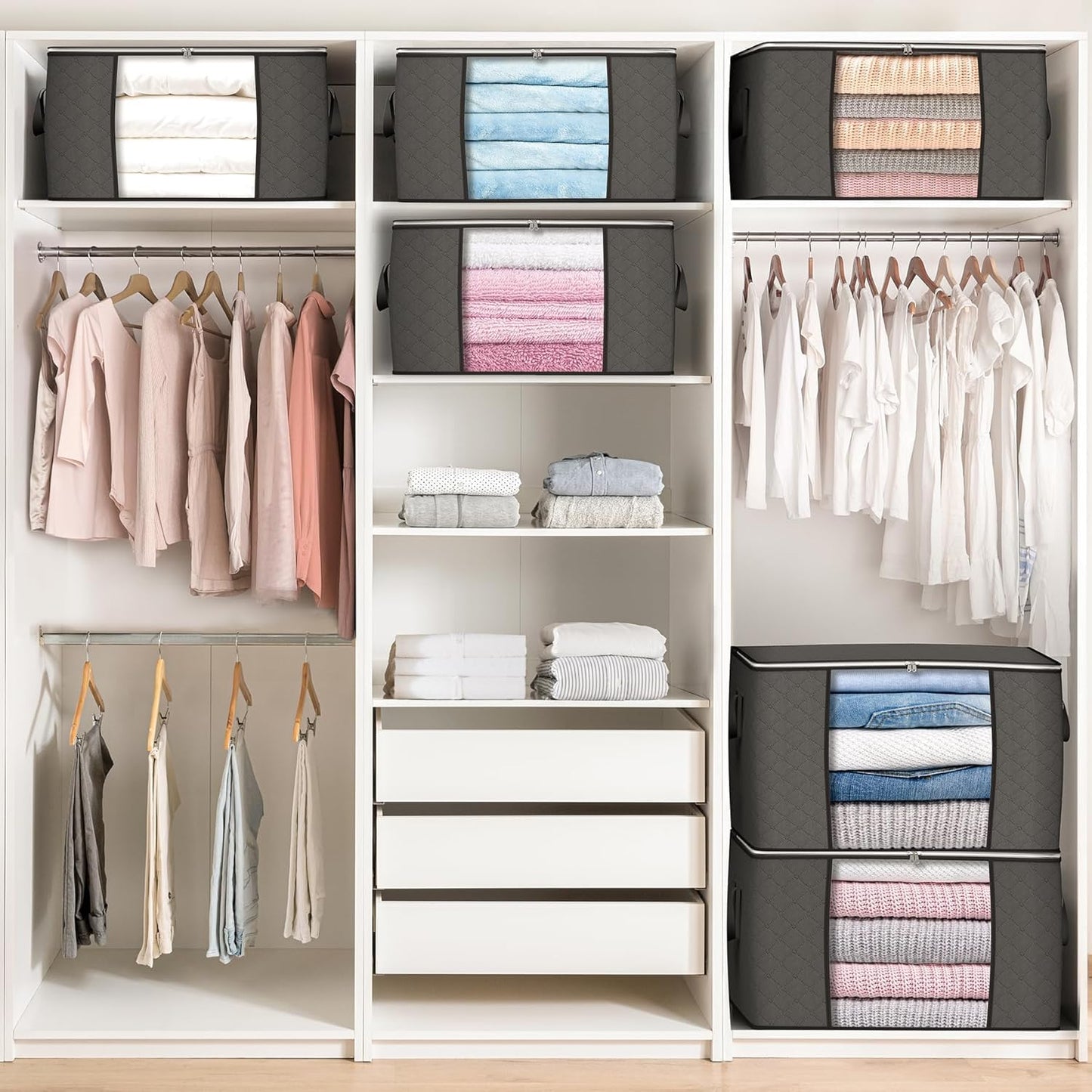 90L Extra-Large Storage Bags - 6 Pack Foldable Closet Organizers with Reinforced Handles for Clothes, Blankets, Bedding, and Toys (Gray)