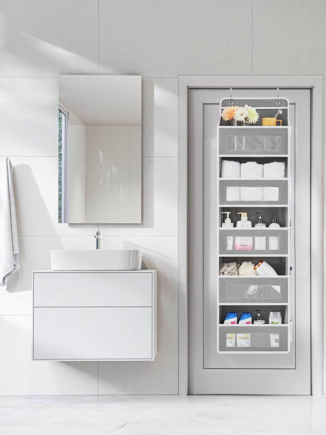 Maximize Space with Over the Door Organizer - 5 Shelf Hanging Storage with 5 Large Pockets, Anti-Tilt Design, Perfect for Bedroom, Bathroom, Pantry, Nursery (Grey)