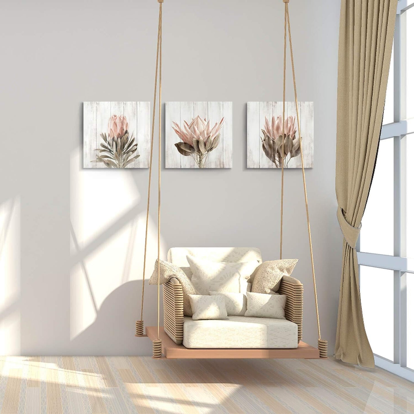 Charming Floral Canvas Wall Art Set - 3-Piece Flower Bloom Print for Washrooms (12"x12")