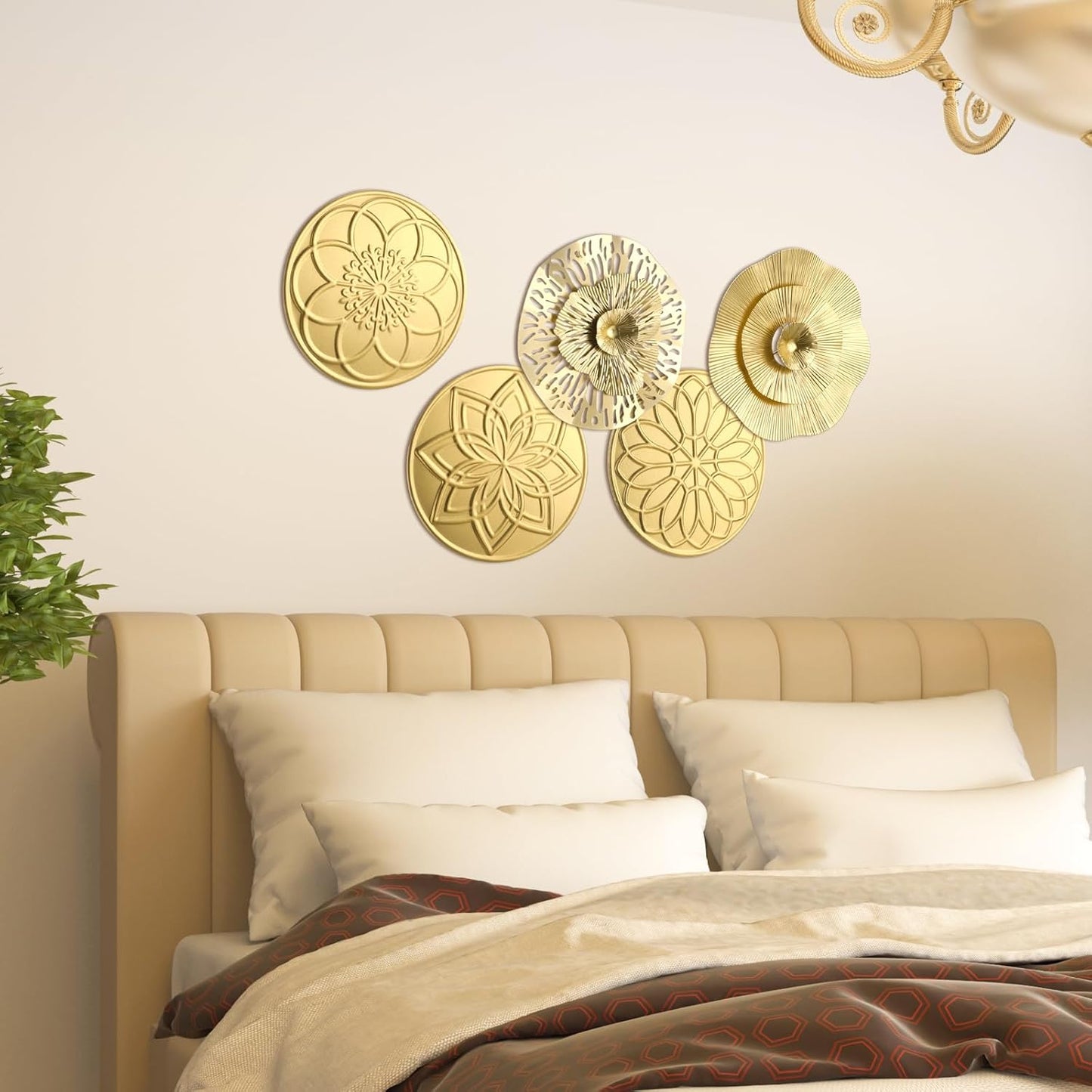 Stunning 5-Piece 12-Inch Gold Metal Flower Wall Art Set - Modern Home Decor for Living Room and Office