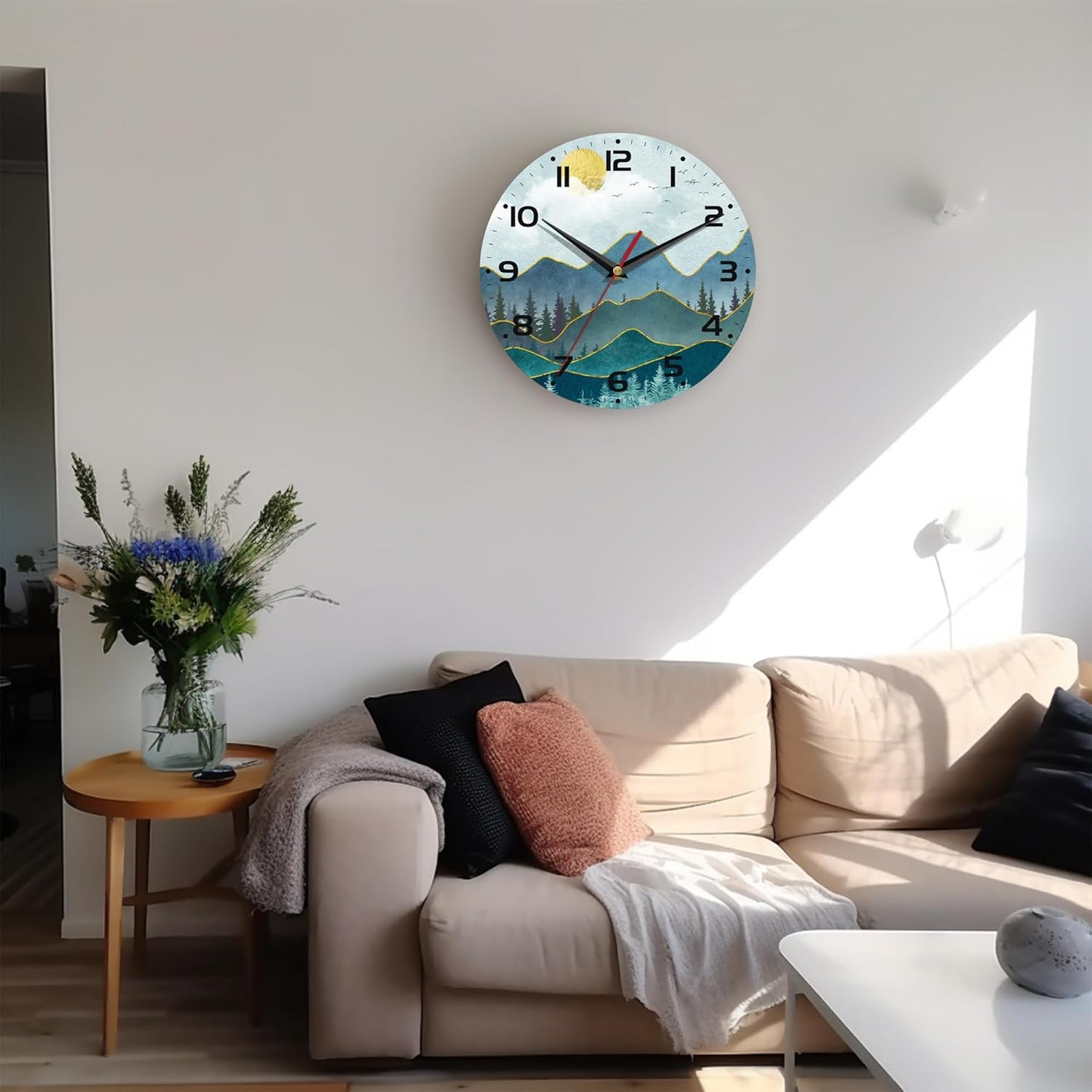 Stylish 10-Inch Silent Wall Clock - Non-Ticking Battery Operated Home Decor for Any Room (Abstract Mountain Sun Design)