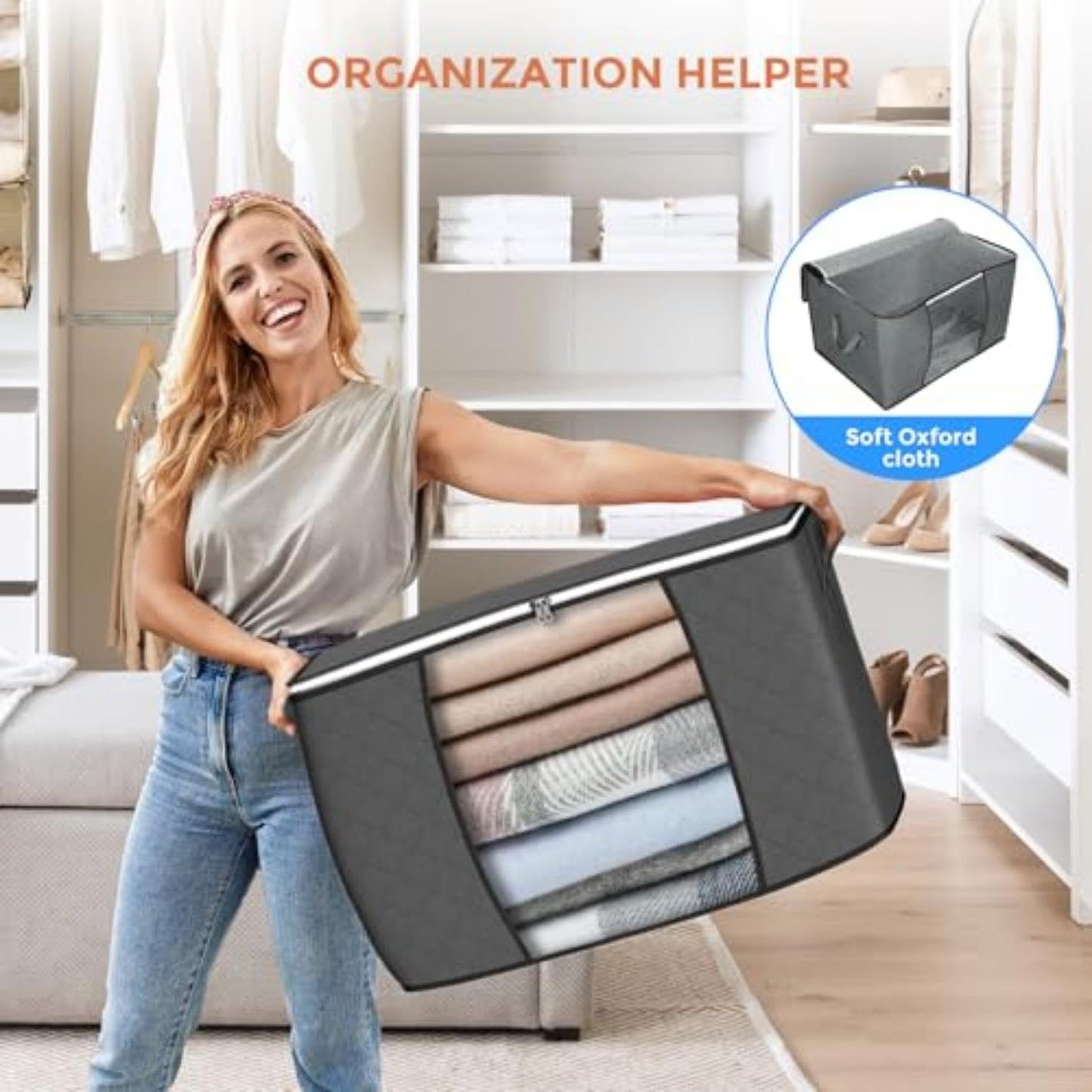 90L Extra-Large Storage Bags - 6 Pack Foldable Closet Organizers with Reinforced Handles for Clothes, Blankets, Bedding, and Toys (Gray)