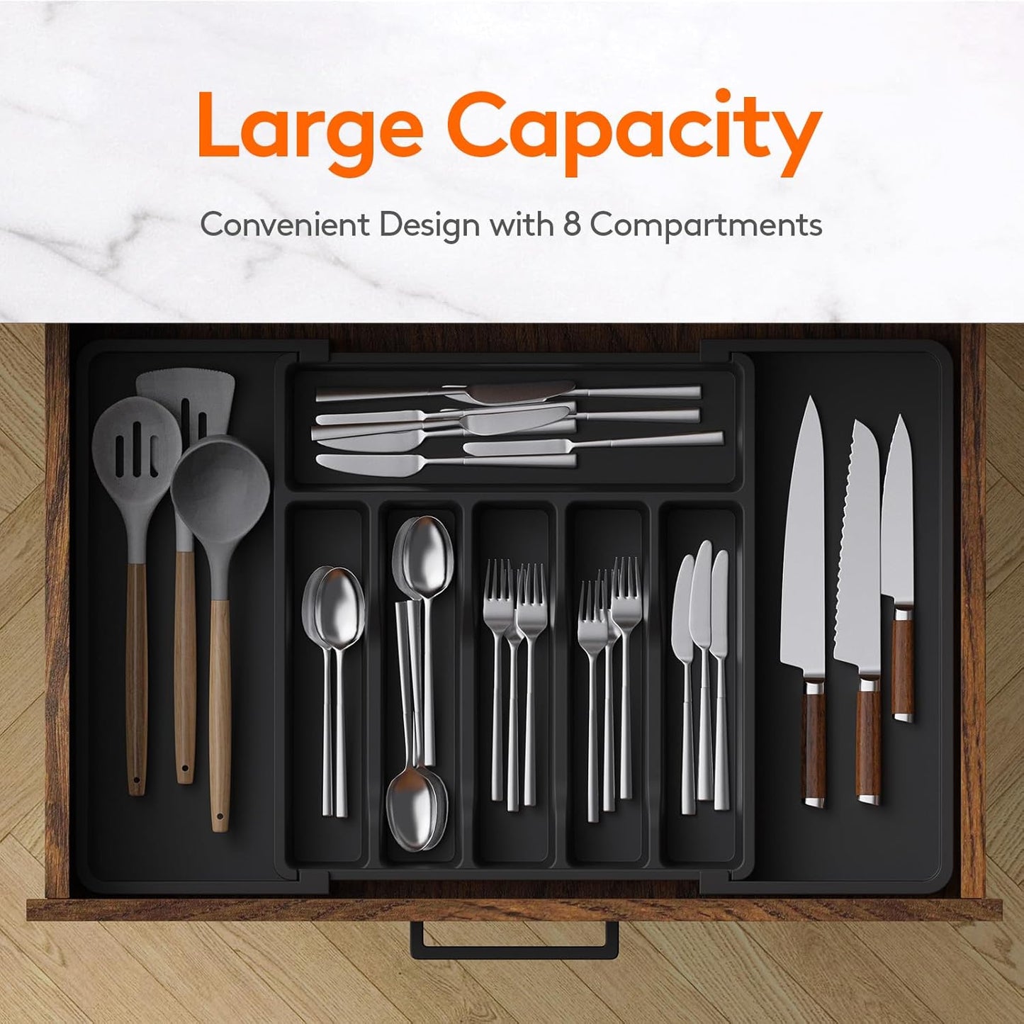 Expandable Silverware Drawer Organizer - Large BPA-Free Utensil Tray for Kitchen, Adjustable Cutlery Storage in Sleek Black