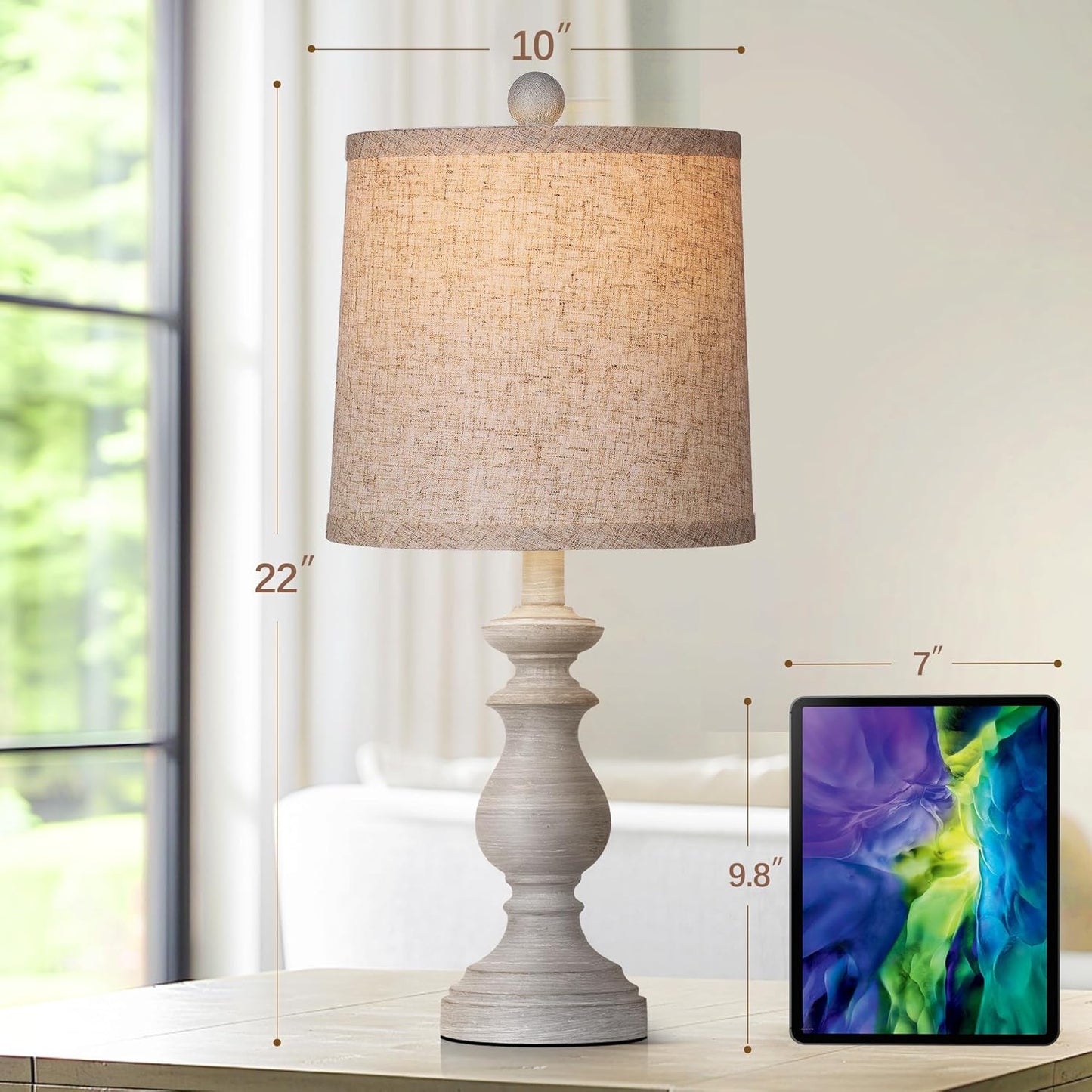 Rustic Farmhouse Table Lamp Set of 2 - 22" Vintage Nightstand Lamps with Linen Shades in Antique Grey for Living Room & Bedroom