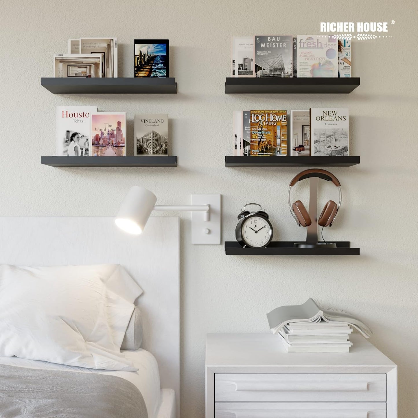5-Piece Black Floating Wall Shelves - Stylish Picture Ledge for Nursery, Bedroom, Living Room & Bathroom Storage