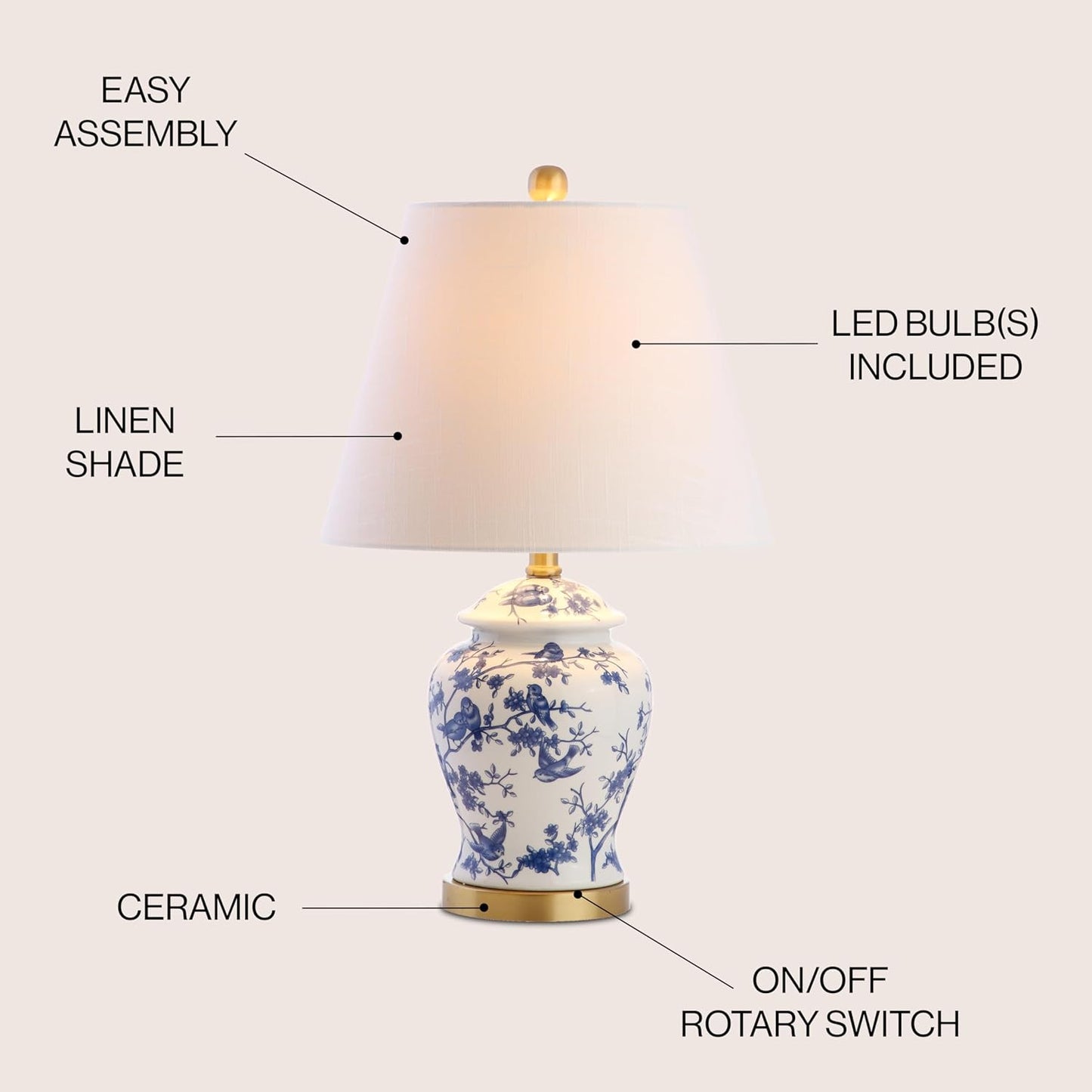 Elegant Chinoiserie 22" LED Table Lamp - Perfect for Bedroom, Living Room, or Office - Includes LED Bulb - Blue/White Design