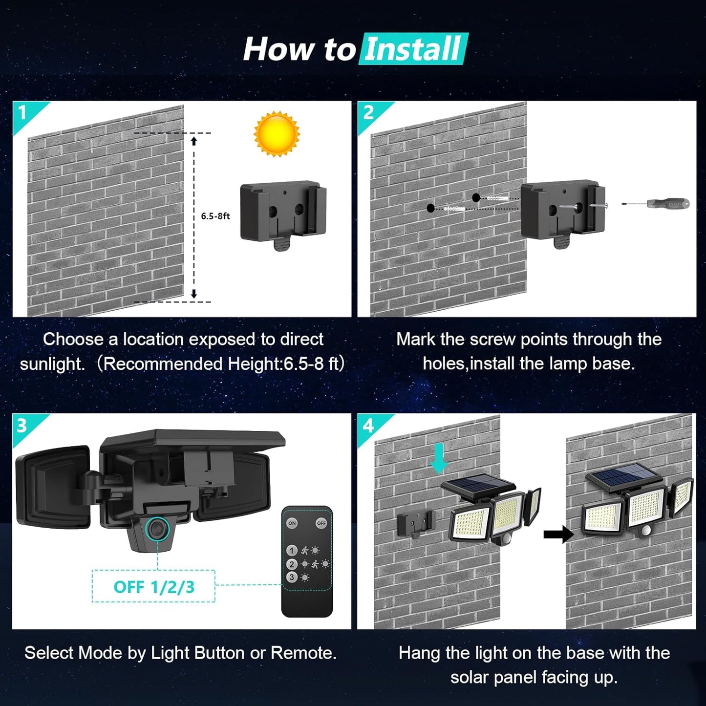 2500LM Solar Outdoor Security Lights - 210 LED Motion Sensor Flood Lights with Remote Control, 3 Adjustable Heads, IP65 Waterproof, 270° Wide Angle, 3 Modes (2 Pack)