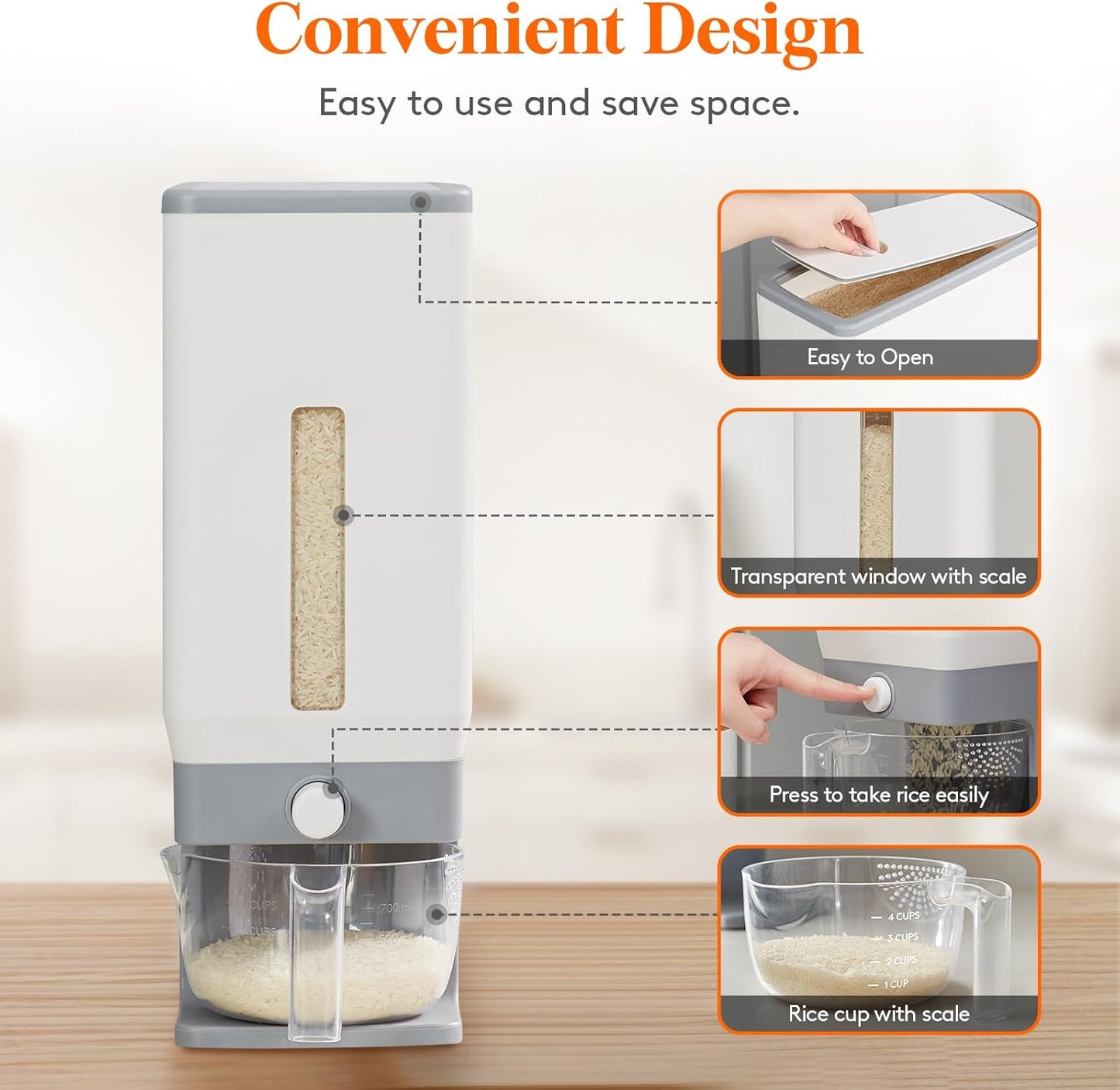 25 Lbs Rice Dispenser - Airtight Moisture-Proof Storage Container with Measuring Cup - BPA-Free Kitchen Pantry Essential