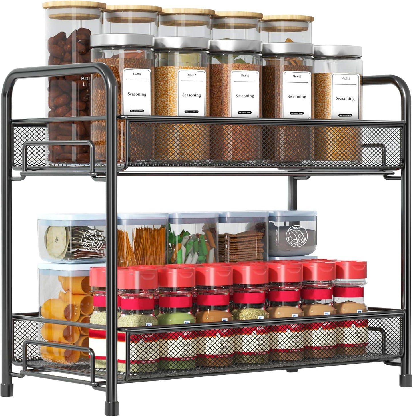 2-Tier Foldable Spice Rack Organizer - Rust-Proof Metal Seasoning Shelf with Guardrail & Mesh Design for Kitchen, Bathroom, Living Room, and Pantry - Sleek Black Finish