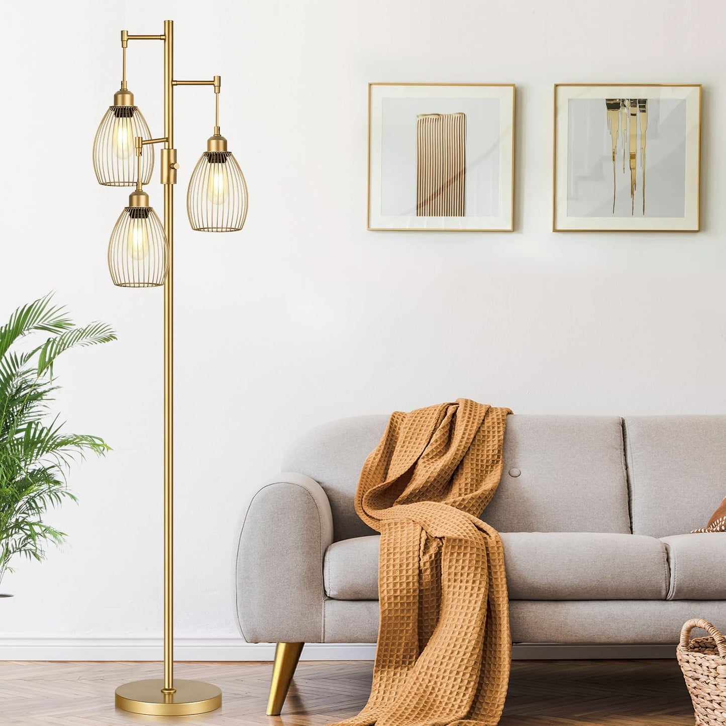 Elegant Dimmable Gold Tree Floor Lamp with Teardrop Cage Heads - 800 Lumens LED Lighting for Living Room and Bedroom