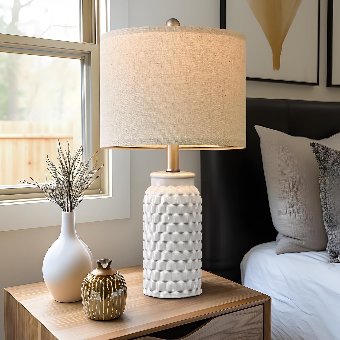 Set of 2 Stylish 20.5" White Modern Ceramic Bedside Lamps - Perfect for Bedroom, Living Room, or Office Decor