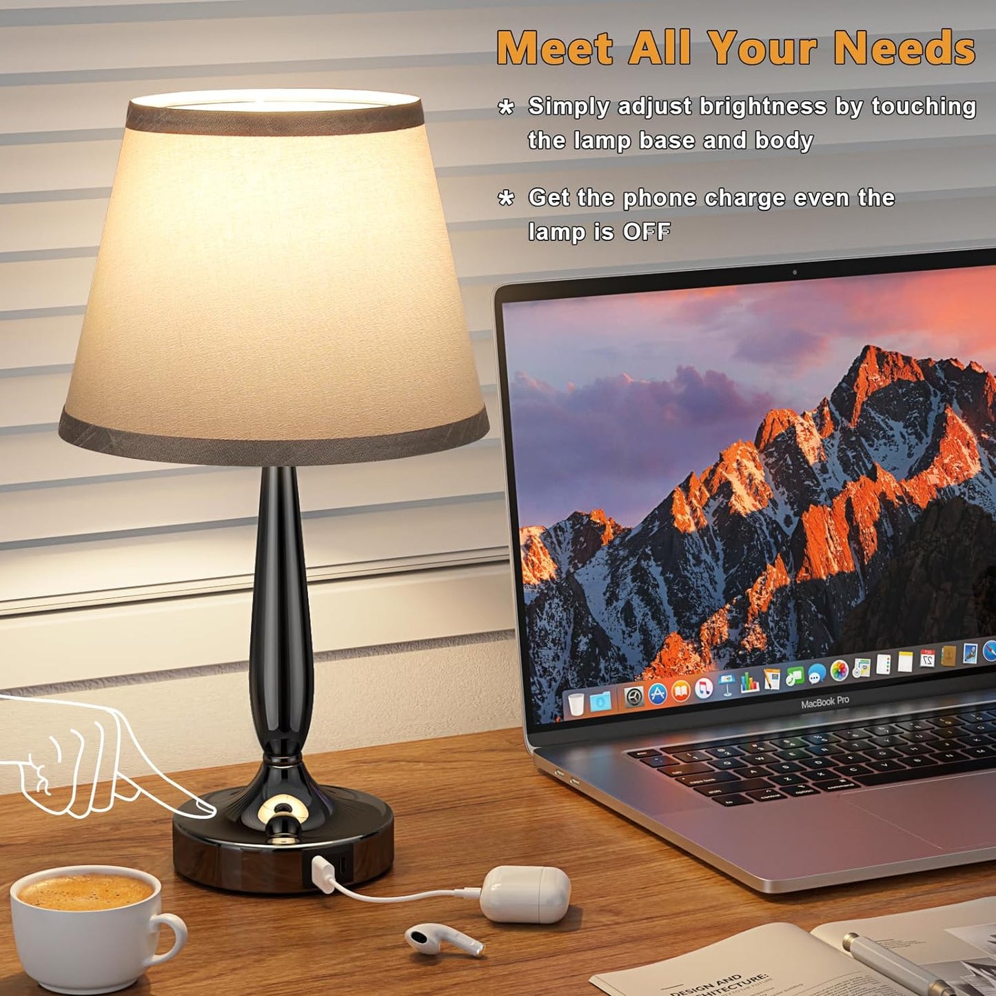 Touch Control Table Lamp with USB-C Charging, 3-Way Dimmable Nightstand Light for Bedroom, Living Room & Office - LED Bulb Included