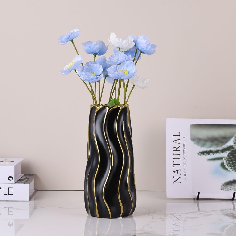 Elegant 7.5" Black Ceramic Vase - Stylish Minimalist Gold Accents, Perfect for Pampas Grass, Boho Home Decor, Weddings, and Gift Giving
