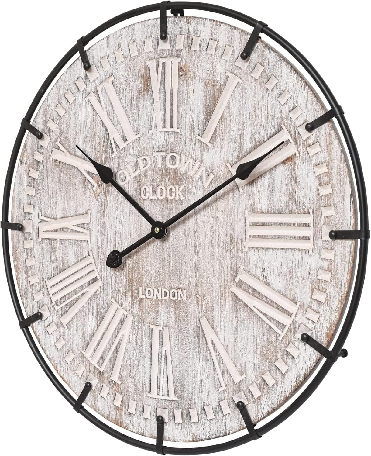 Rustic 24-Inch Farmhouse Wall Clock - Antique Wood & Metal Design with Large Engraved Numerals, Silent Battery Operated for Office, Kitchen, Bedroom & Living Room