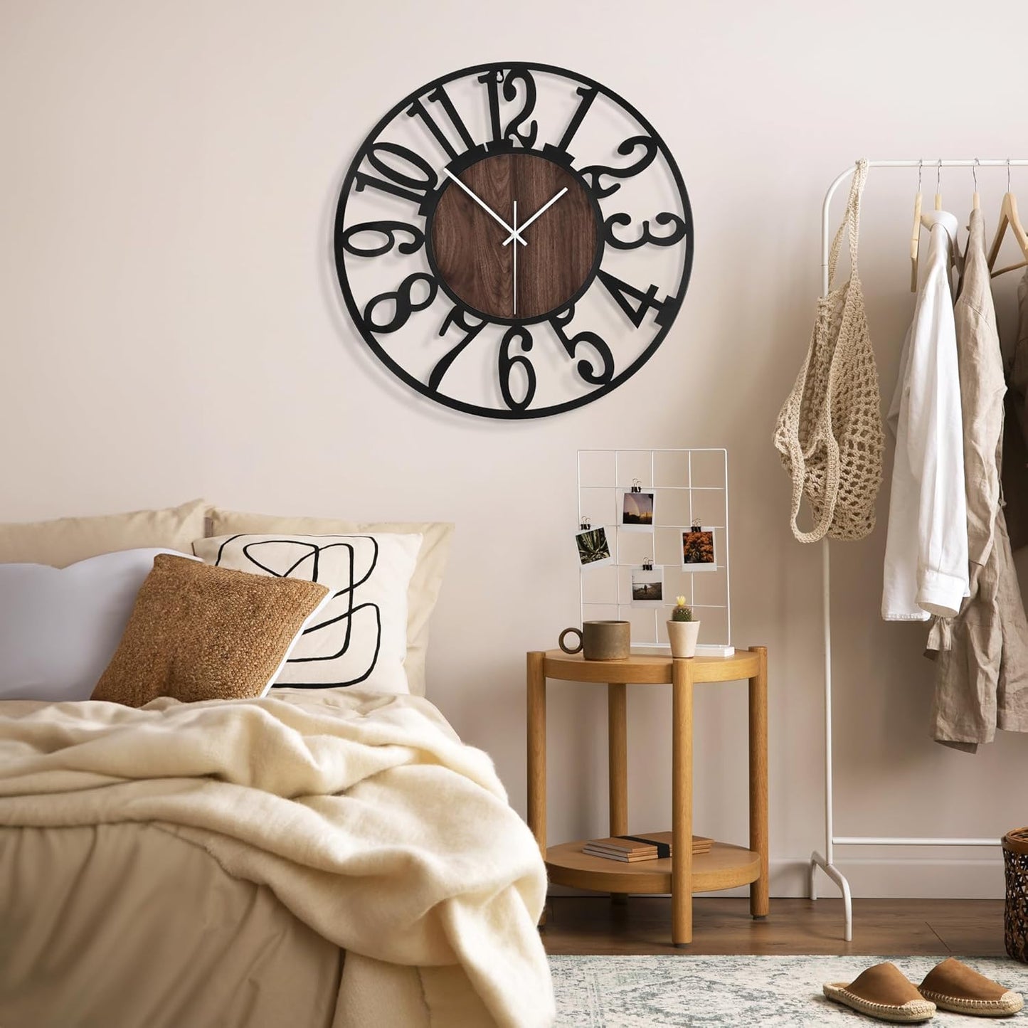 Elegant 13" Silent Non-Ticking Wall Clock - Antique Black Metal & Wood Design for Living Room, Bedroom, Kitchen, and Dining Room Decor with Arabic Numerals