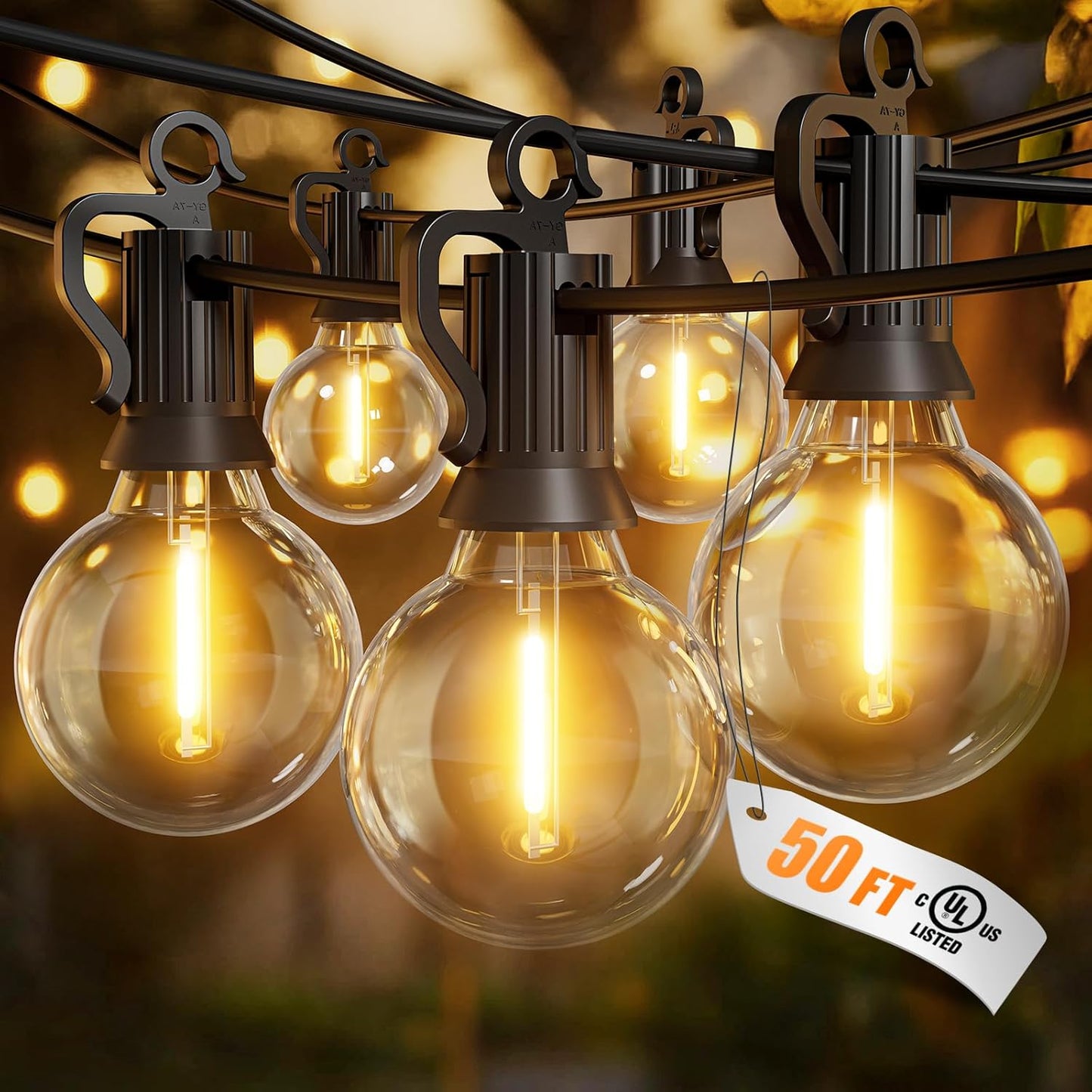 50 Ft Outdoor String Lights - Dimmable LED Patio Lights with Weatherproof G40 Globe Bulbs for Backyard and Porch Decor (25 Bulbs)