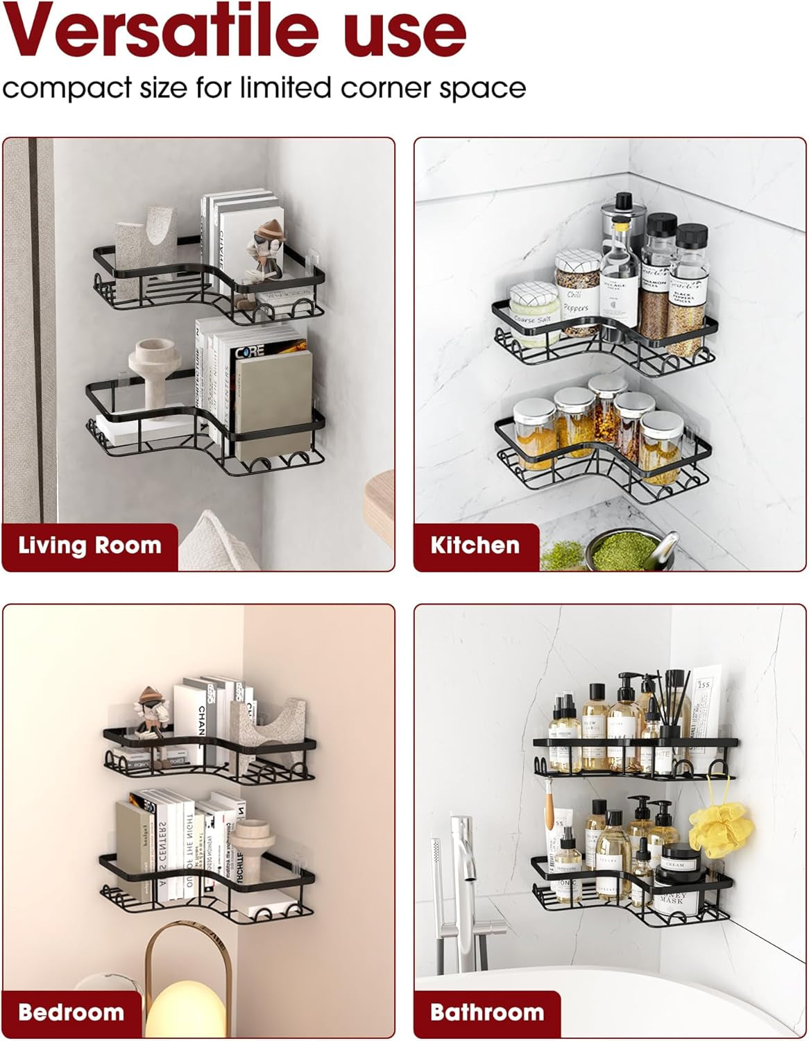 Space-Saving Corner Shower Caddy - 2 Pack, Rustproof Stainless Steel Shelves with 8 Hooks, No Drilling Bathroom Organizers in Black