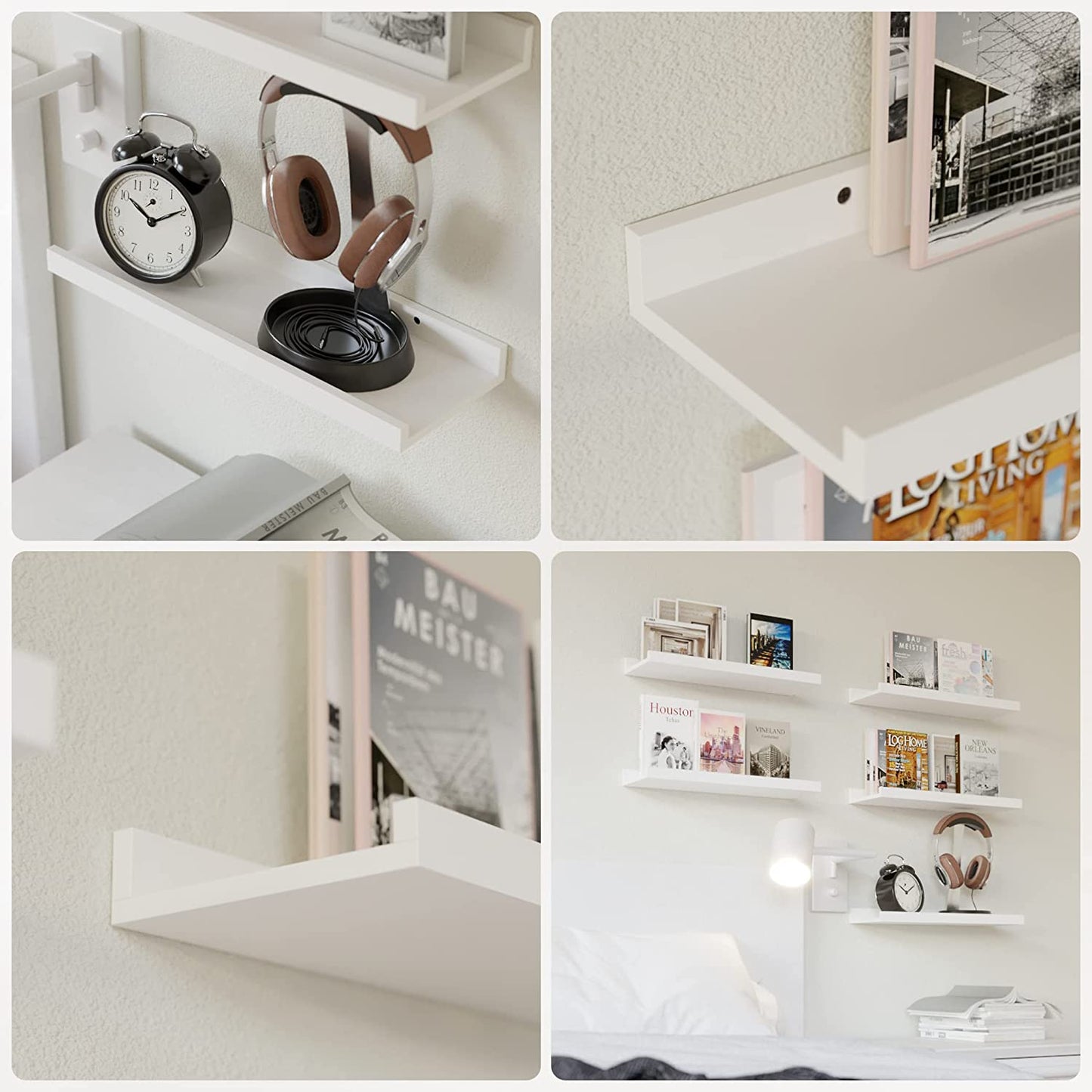 5-Piece White Floating Shelves Set - Stylish Wall-Mounted Picture Ledge for Nursery, Bedroom, Living Room, and Bathroom Decor