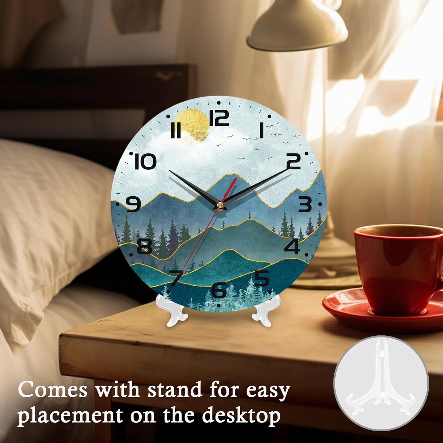 Stylish 10-Inch Silent Wall Clock - Non-Ticking Battery Operated Home Decor for Any Room (Abstract Mountain Sun Design)