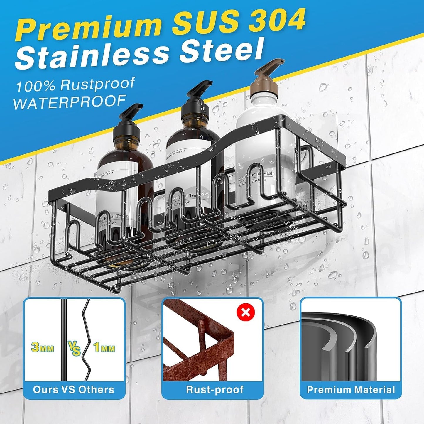 Rustproof Stainless Steel Shower Caddy Set - 5 Pack Adhesive Bath Organizers with Large Capacity, No Drilling Required for Effortless Bathroom Storage & Stylish Home Decor