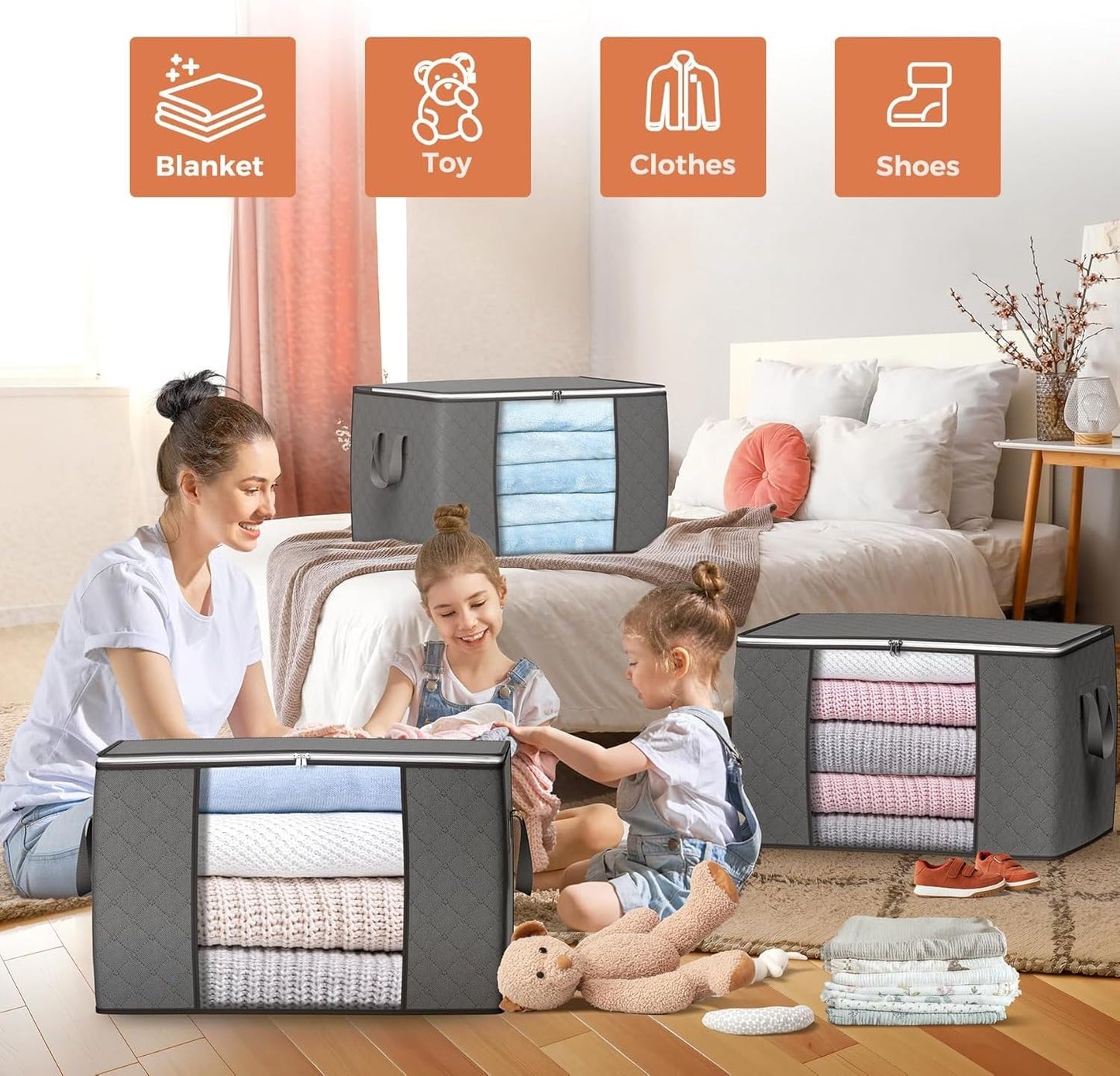 90L Extra-Large Storage Bags - 6 Pack Foldable Closet Organizers with Reinforced Handles for Clothes, Blankets, Bedding, and Toys (Gray)