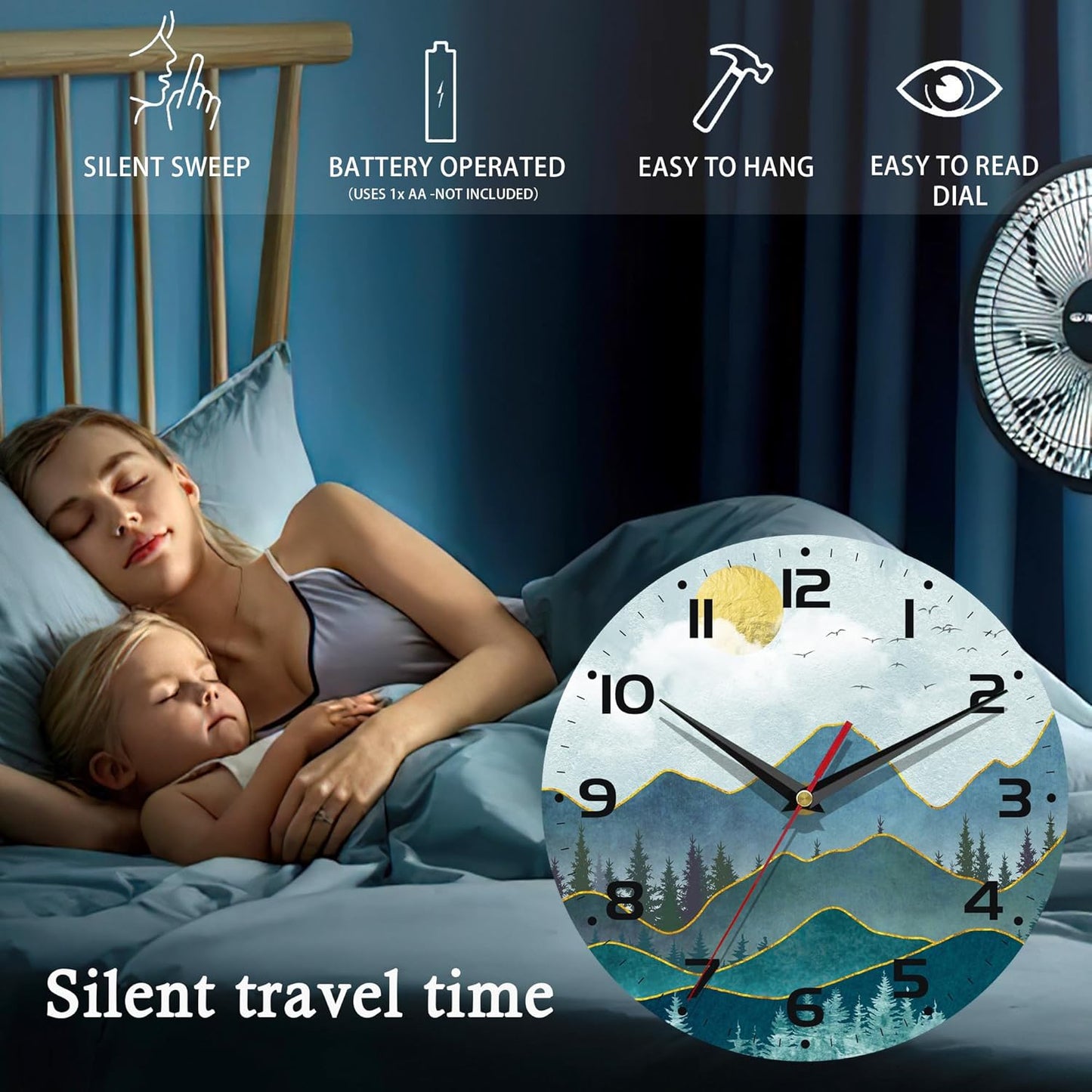 Stylish 10-Inch Silent Wall Clock - Non-Ticking Battery Operated Home Decor for Any Room (Abstract Mountain Sun Design)