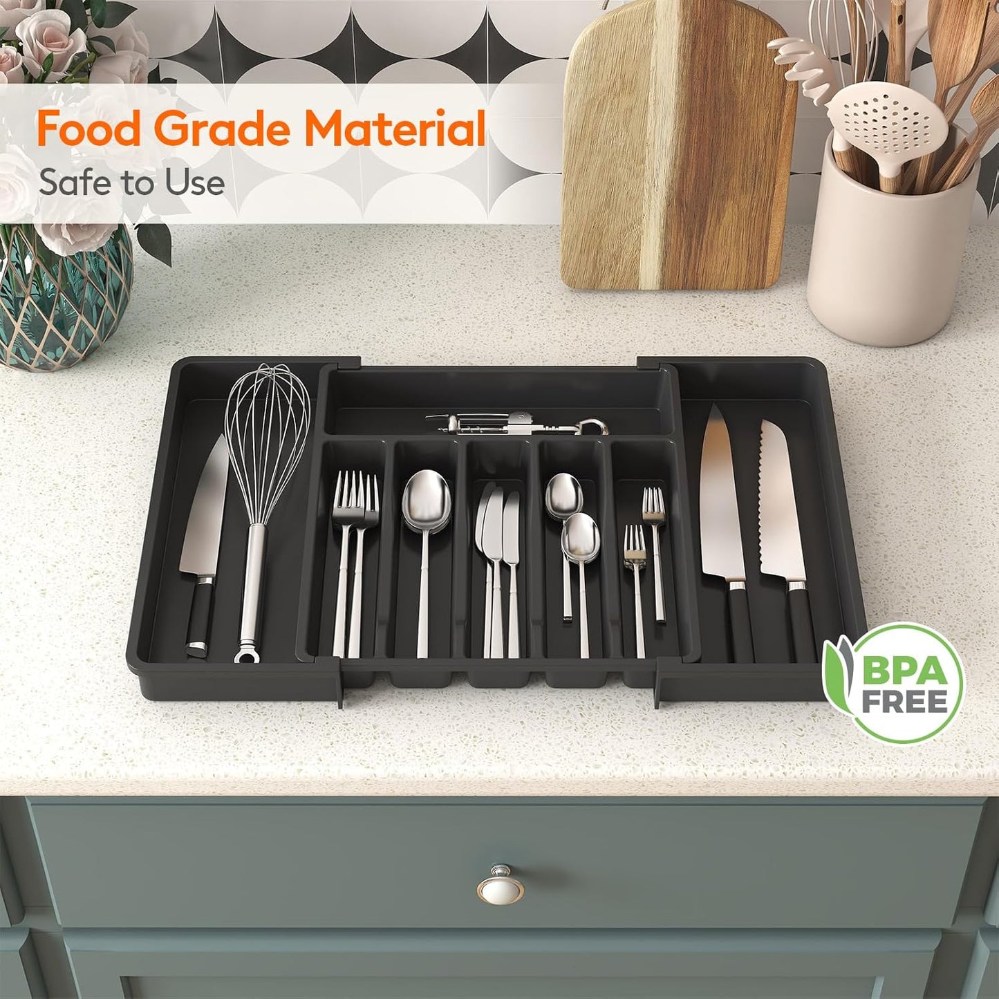 Expandable Silverware Drawer Organizer - Large BPA-Free Utensil Tray for Kitchen, Adjustable Cutlery Storage in Sleek Black