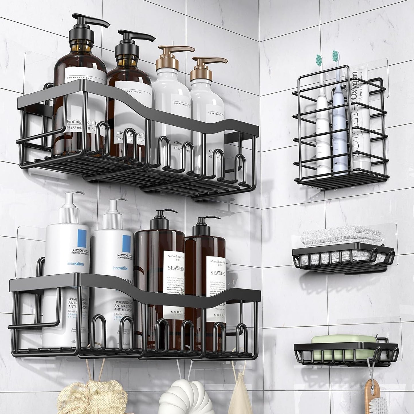 Rustproof Stainless Steel Shower Caddy Set - 5 Pack Adhesive Bath Organizers with Large Capacity, No Drilling Required for Effortless Bathroom Storage & Stylish Home Decor