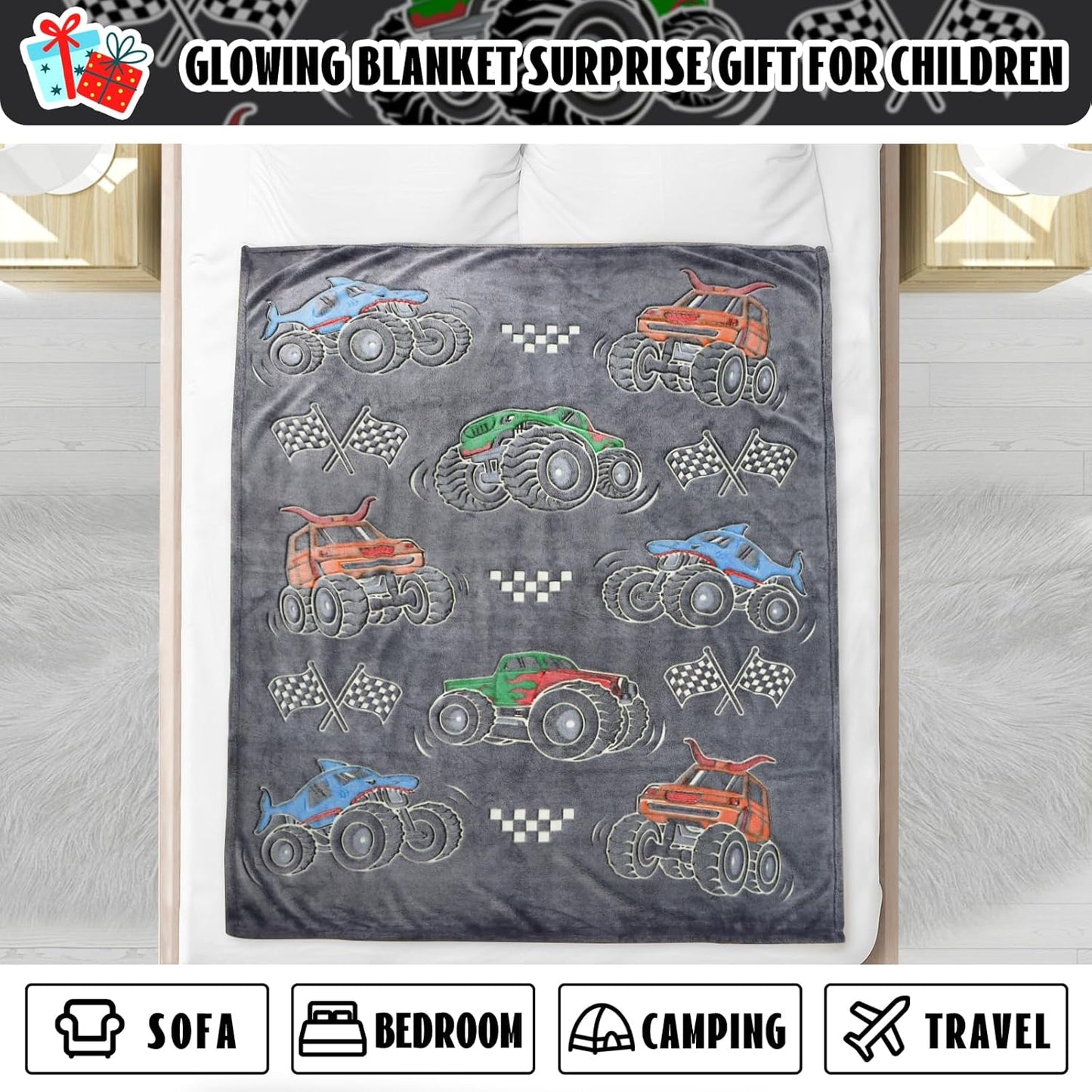 Glow in the Dark Truck Car Toys Blanket - Soft Fleece Cartoon Tractor Throw for Kids' Room Decor