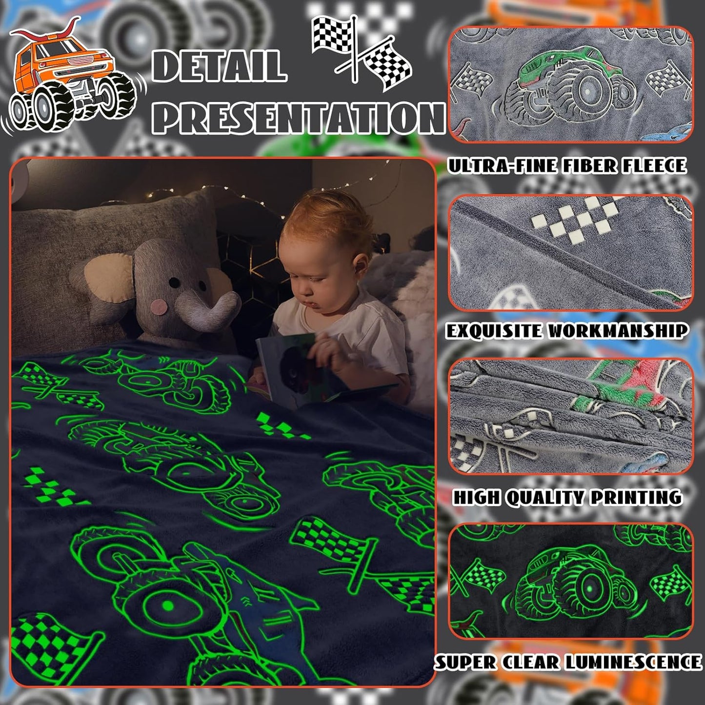 Glow in the Dark Truck Car Toys Blanket - Soft Fleece Cartoon Tractor Throw for Kids' Room Decor