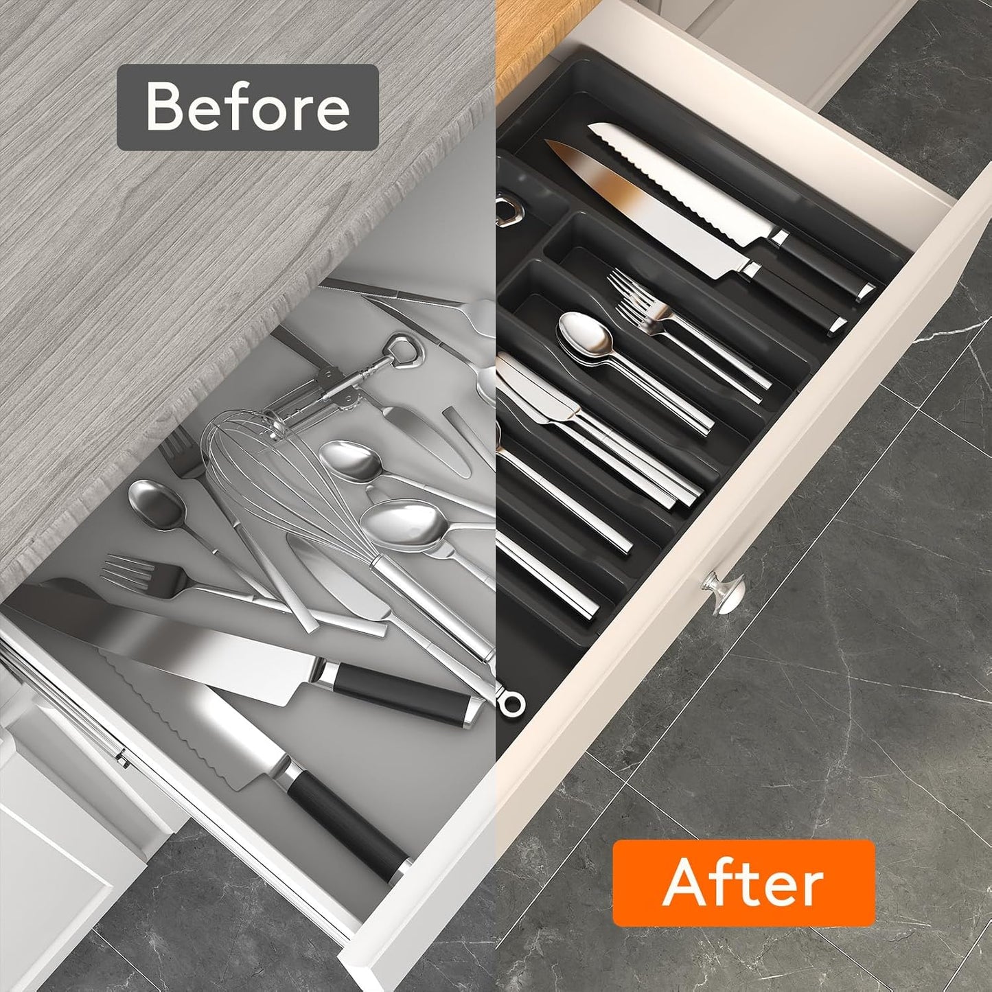 Expandable Silverware Drawer Organizer - Large BPA-Free Utensil Tray for Kitchen, Adjustable Cutlery Storage in Sleek Black