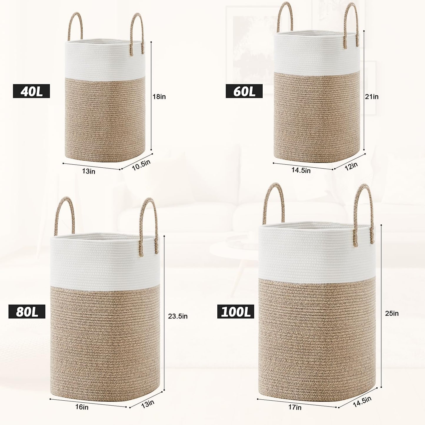 Stylish Woven Cotton Rope Laundry Basket - 60L Versatile Hamper for Clothes, Baby Toys & Blankets - Perfect for Bathroom, Nursery & Living Room