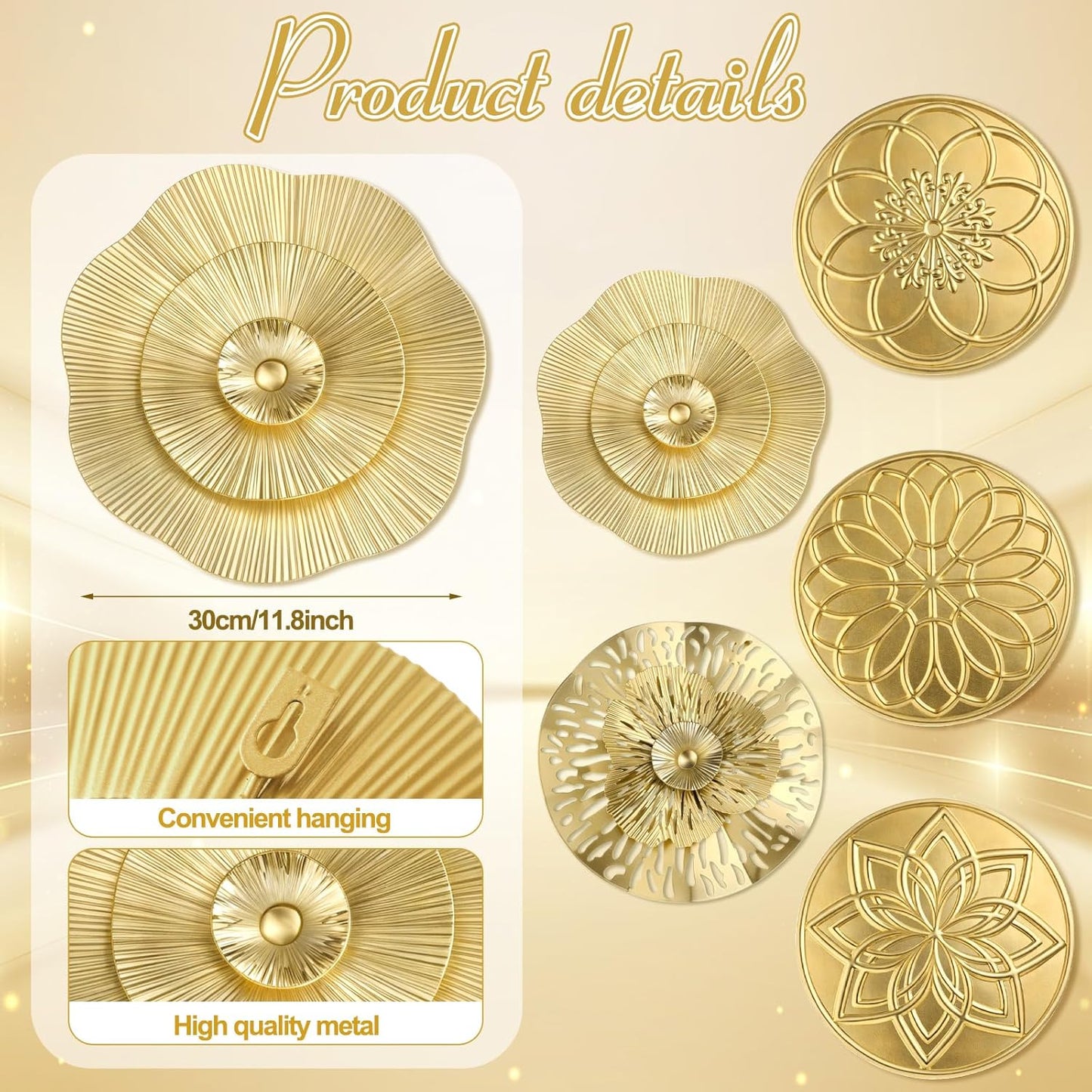Stunning 5-Piece 12-Inch Gold Metal Flower Wall Art Set - Modern Home Decor for Living Room and Office