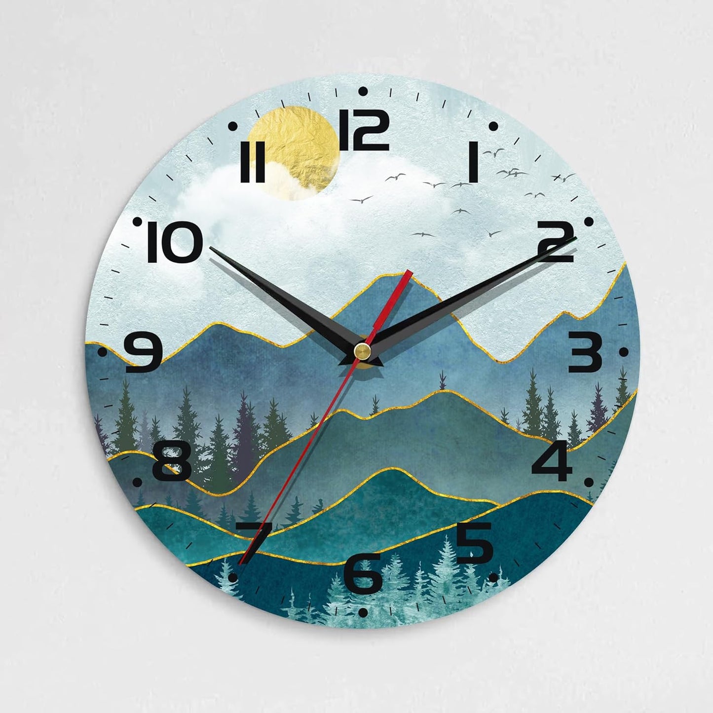 Stylish 10-Inch Silent Wall Clock - Non-Ticking Battery Operated Home Decor for Any Room (Abstract Mountain Sun Design)