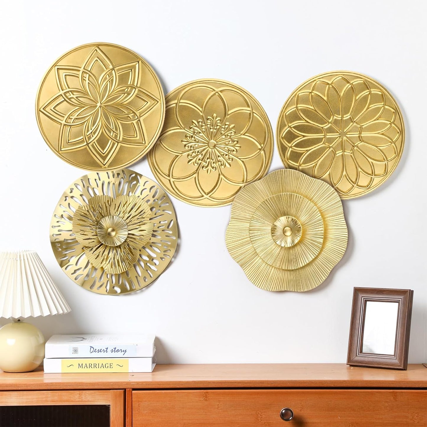 Stunning 5-Piece 12-Inch Gold Metal Flower Wall Art Set - Modern Home Decor for Living Room and Office
