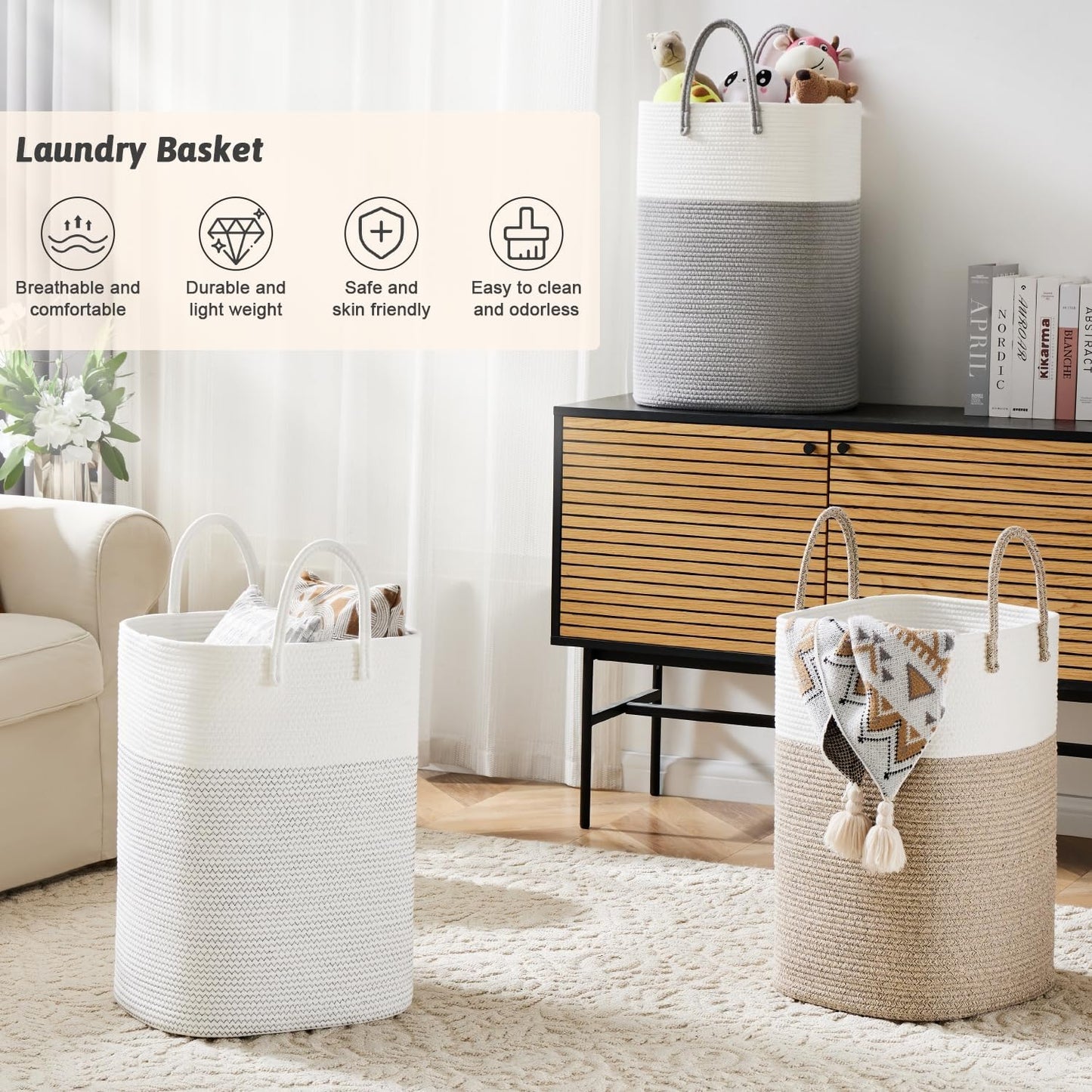 Stylish Woven Cotton Rope Laundry Basket - 60L Versatile Hamper for Clothes, Baby Toys & Blankets - Perfect for Bathroom, Nursery & Living Room