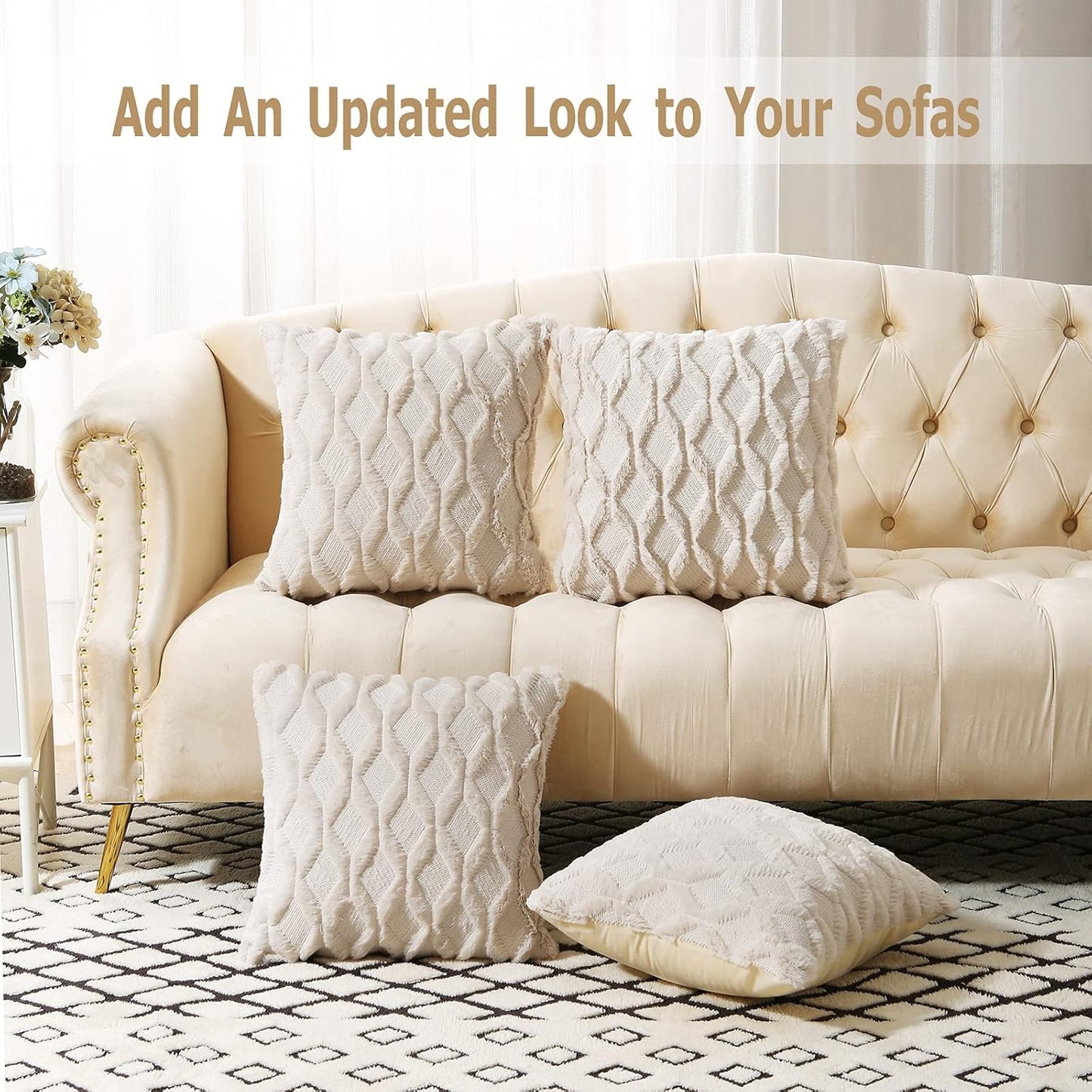 Set of 2 Decorative Faux Wool Throw Pillow Covers - 20x20 Inches Soft Plush Velvet Cushion Cases with Embroidery & Geometric Design - Cozy Beige Farmhouse Boho Style