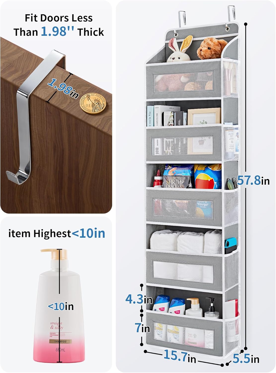 Maximize Space with Over the Door Organizer - 5 Shelf Hanging Storage with 5 Large Pockets, Anti-Tilt Design, Perfect for Bedroom, Bathroom, Pantry, Nursery (Grey)