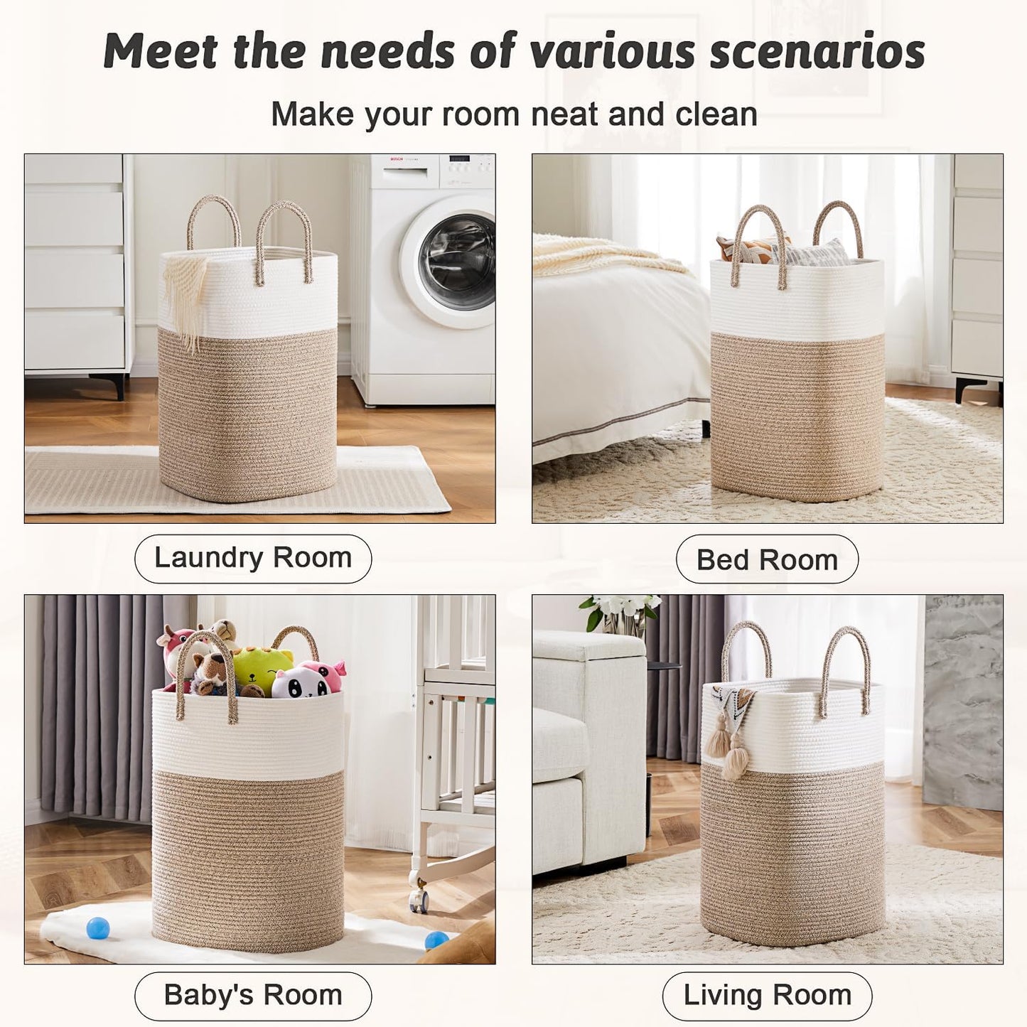 Stylish Woven Cotton Rope Laundry Basket - 60L Versatile Hamper for Clothes, Baby Toys & Blankets - Perfect for Bathroom, Nursery & Living Room