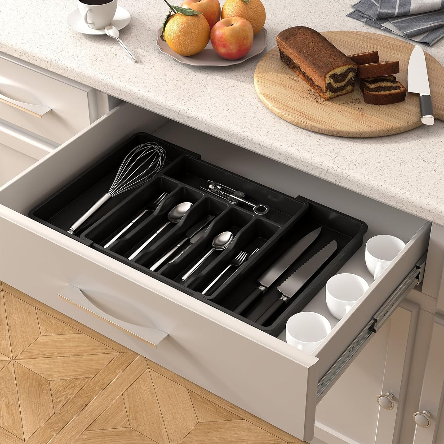 Expandable Silverware Drawer Organizer - Large BPA-Free Utensil Tray for Kitchen, Adjustable Cutlery Storage in Sleek Black