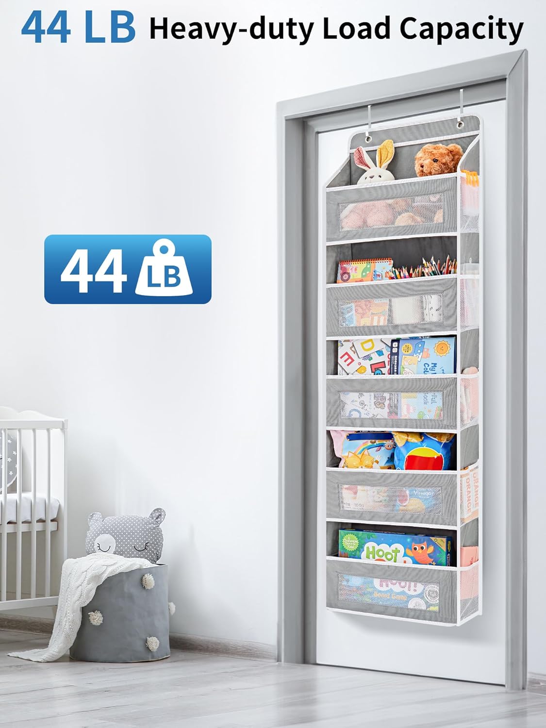 Maximize Space with Over the Door Organizer - 5 Shelf Hanging Storage with 5 Large Pockets, Anti-Tilt Design, Perfect for Bedroom, Bathroom, Pantry, Nursery (Grey)