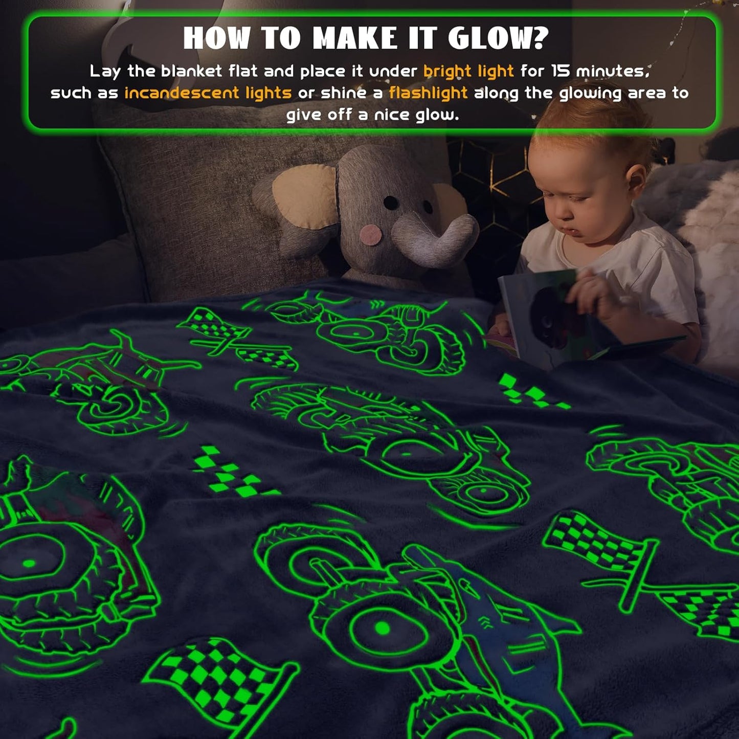 Glow in the Dark Truck Car Toys Blanket - Soft Fleece Cartoon Tractor Throw for Kids' Room Decor