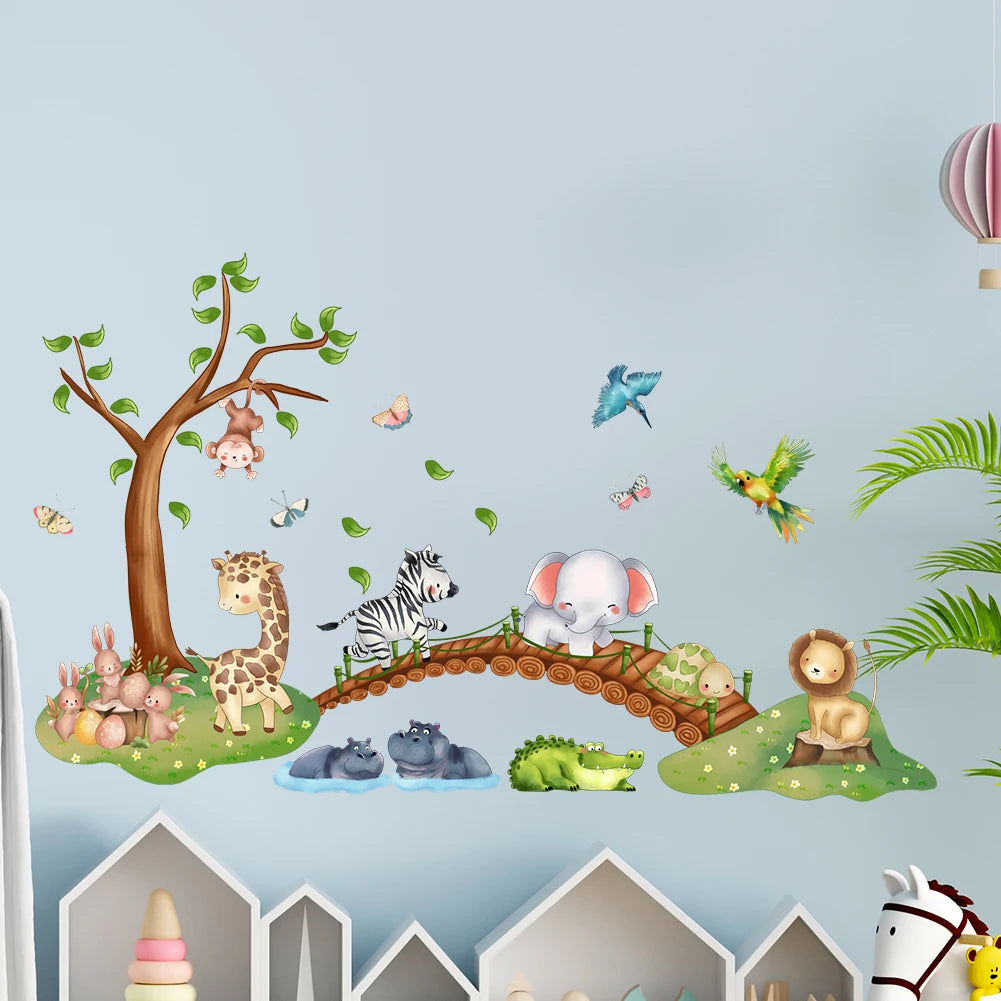 Cartoon Animal Elephant Zebra Giraffe Bridge Wall Sticker Waterproof PVC Children'S Room Kindergarten Home Decoration