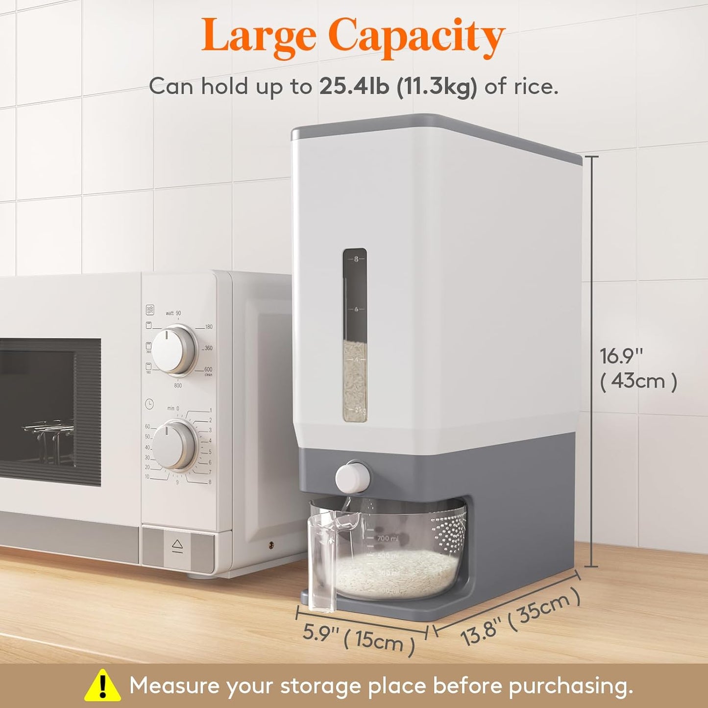 25 Lbs Rice Dispenser - Airtight Moisture-Proof Storage Container with Measuring Cup - BPA-Free Kitchen Pantry Essential