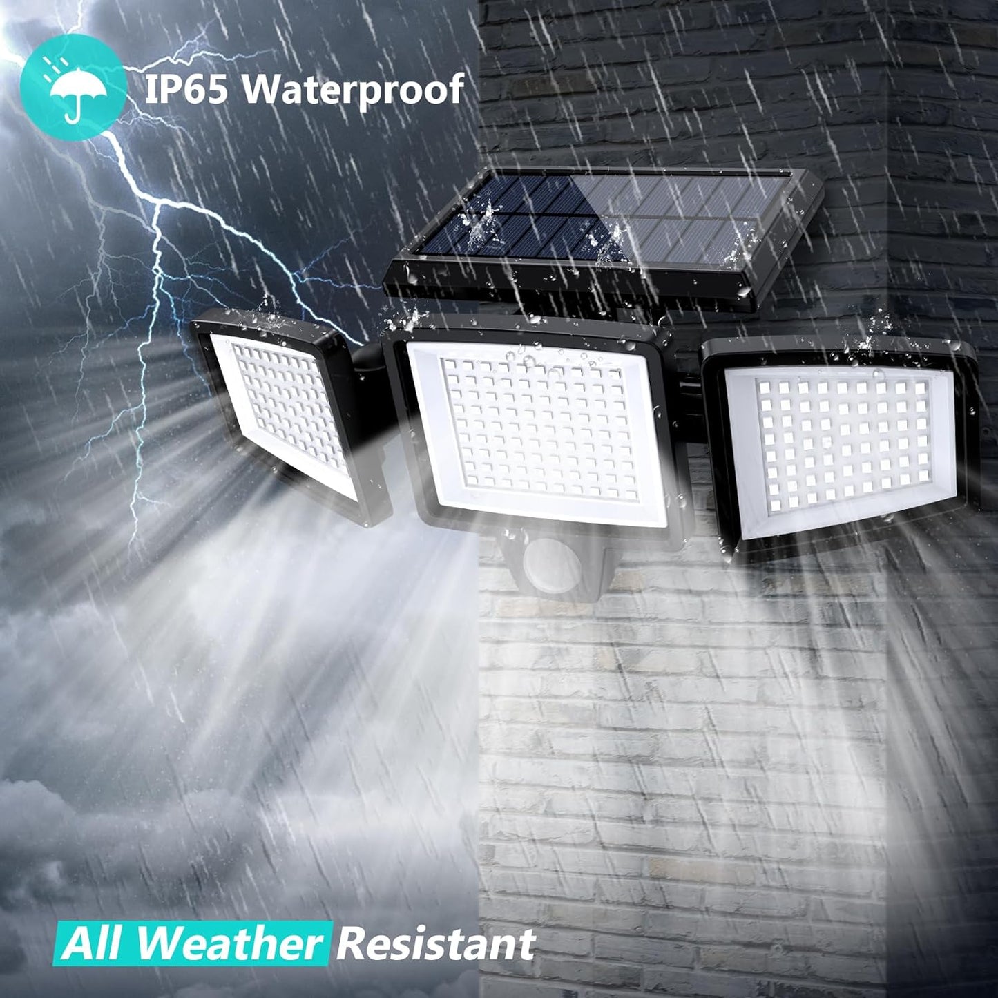 2500LM Solar Outdoor Security Lights - 210 LED Motion Sensor Flood Lights with Remote Control, 3 Adjustable Heads, IP65 Waterproof, 270° Wide Angle, 3 Modes (2 Pack)