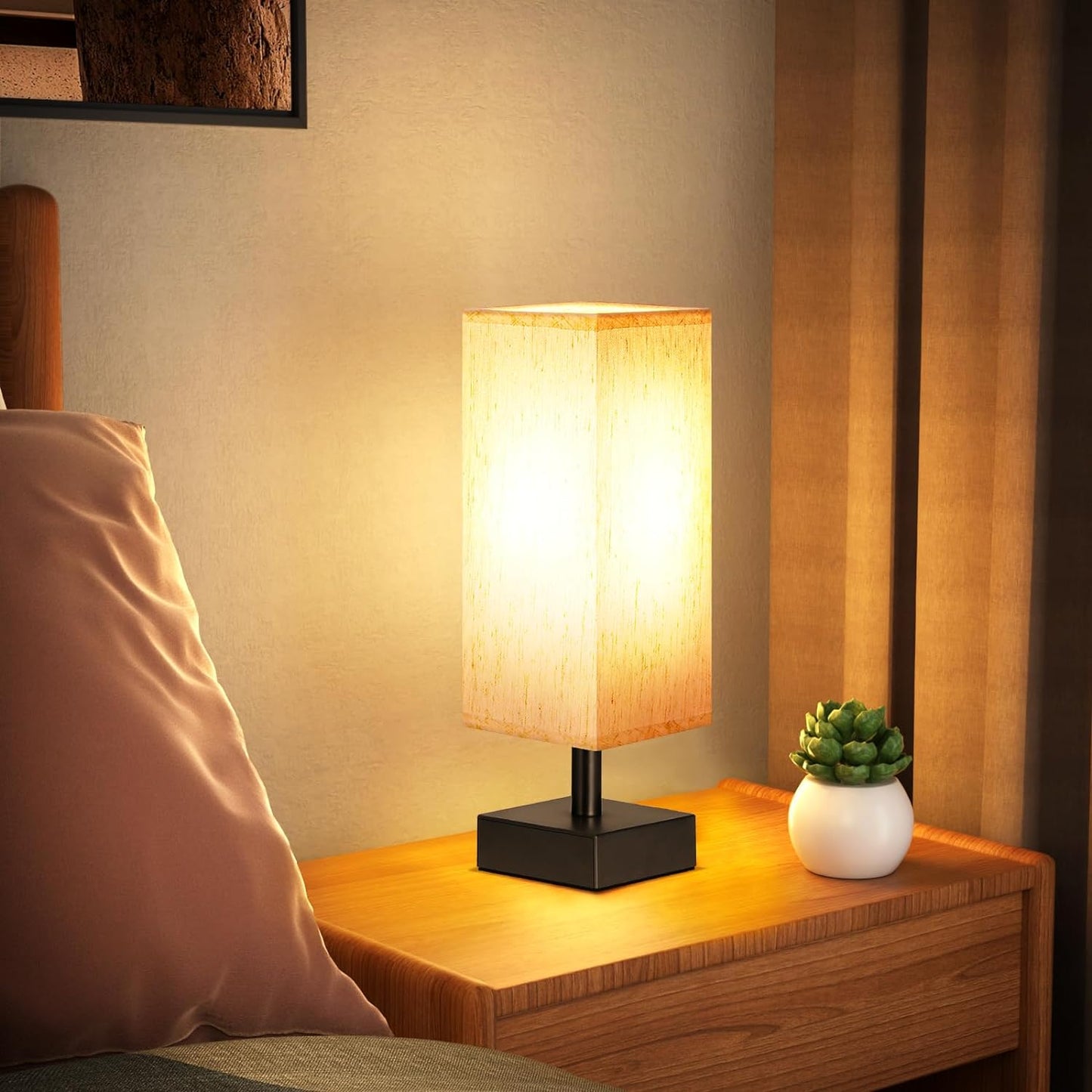 Minimalist Small Table Lamp - Stylish Bedside Light for Bedroom, Kids Room, and Office with Square Fabric Shade