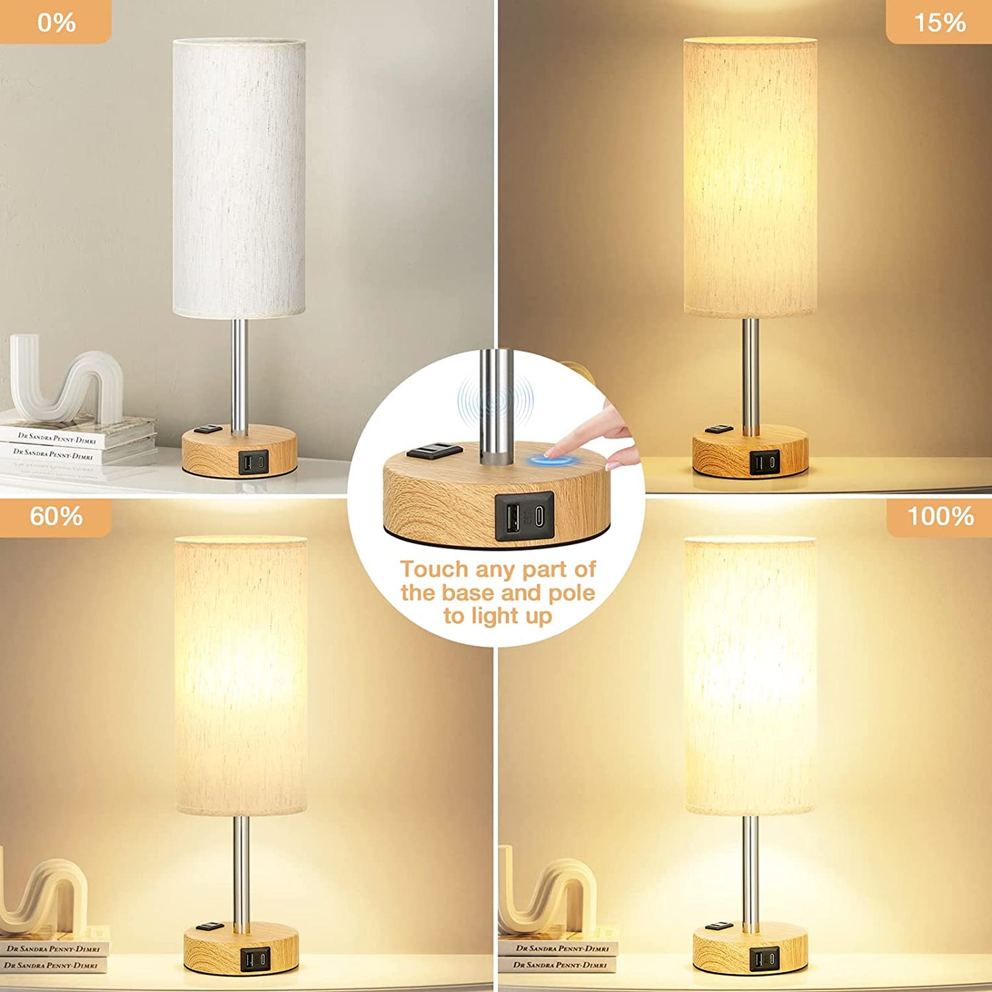 Elegant 3-Way Dimmable Touch Bedside Table Lamp with USB-C Charging and AC Outlet - Perfect for Bedroom, Living Room & Desk - Includes LED Bulb and Stylish Wood Base